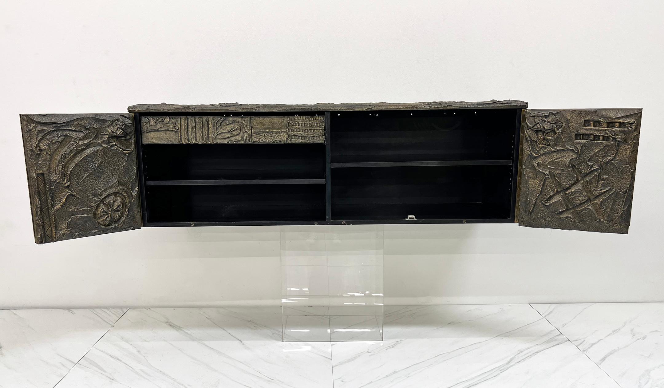 Paul Evans Sculpted Bronze and Resin Wall Mounted Credenza, Signed and Dated '71 3
