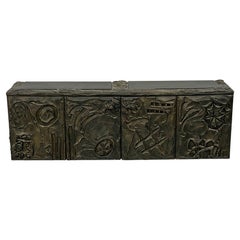 Retro Paul Evans Sculpted Bronze and Resin Wall Mounted Credenza, Signed and Dated '71