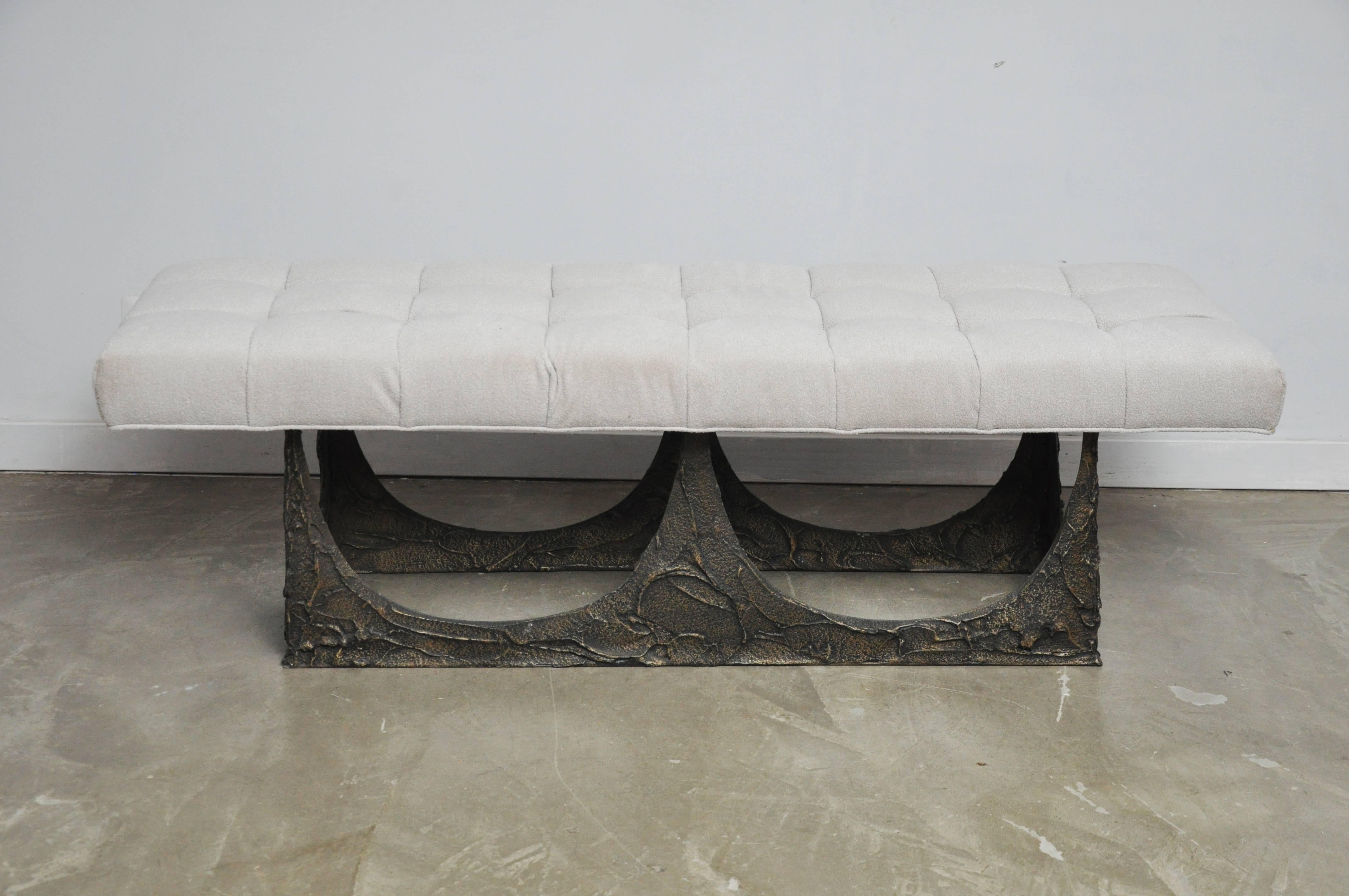 Sculpted bronze bench by Paul Evans. New foam and upholstery.  