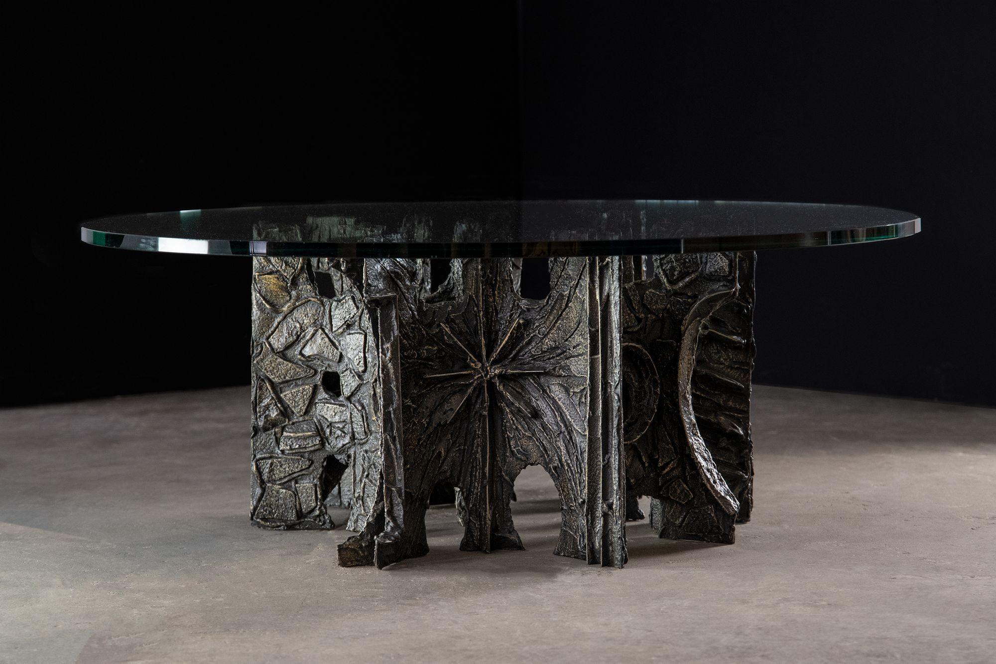 Paul Evans Sculpted Bronze Brutalist Glass Top Coffee Table for Directional 1969 For Sale 3