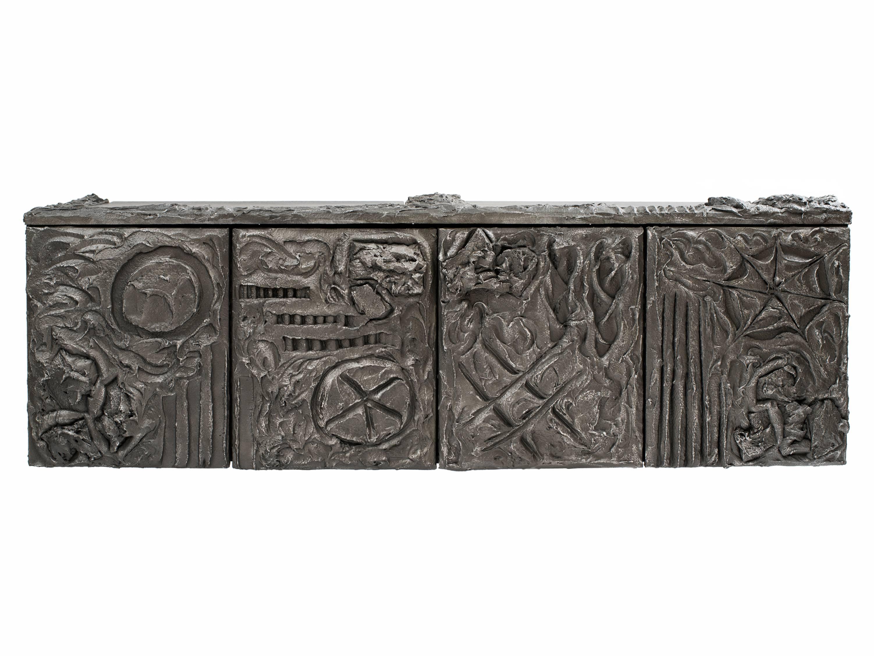 A scarce Paul Evans floating console, model PE-40, in hand-sculptured bronzed resin in the argente (silver) finish - - Dorsey Reading estimates that for every ten of the bronze finish examples, only one of the argente was made. The pair of bi-fold