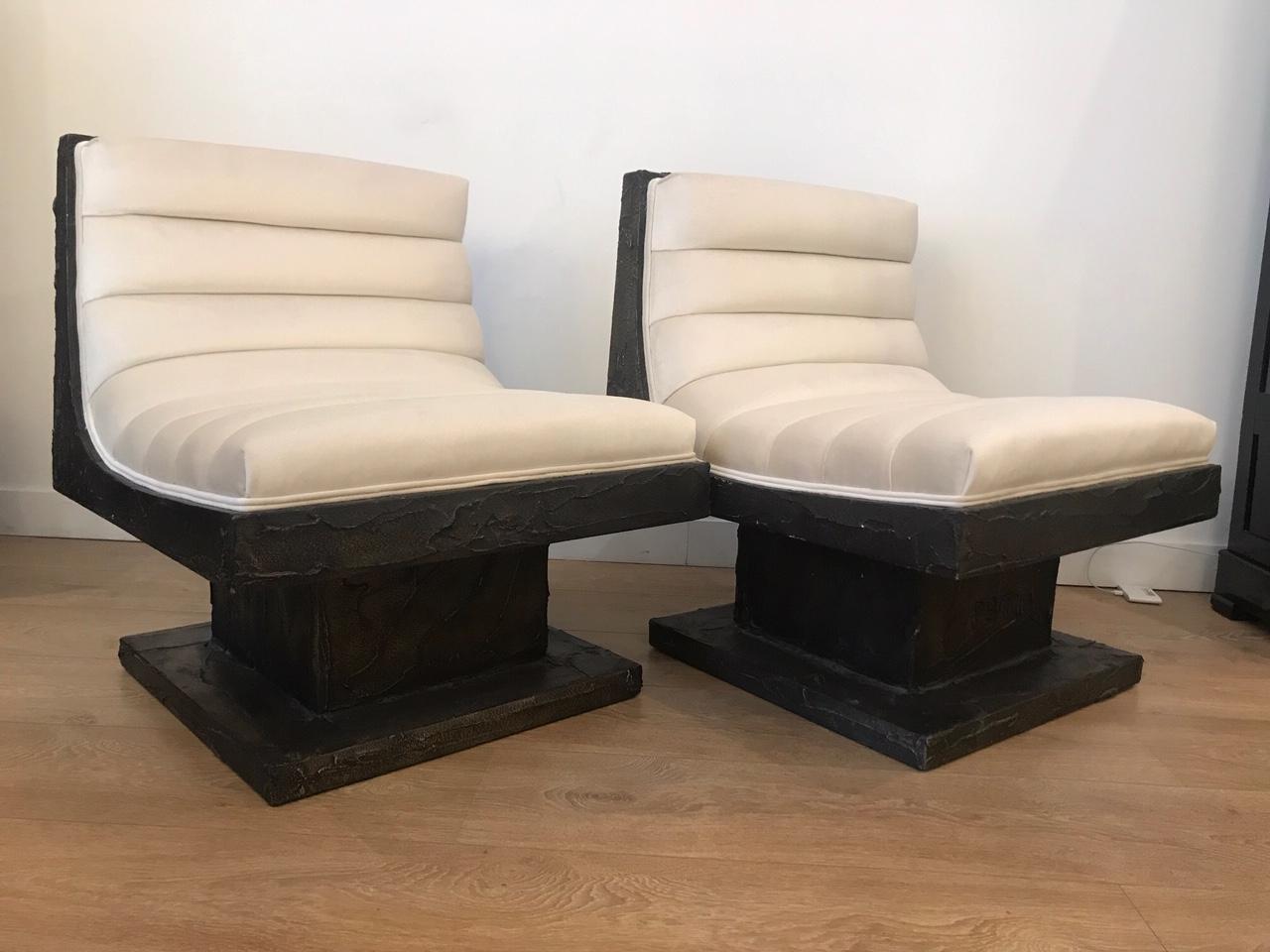 Rare Paul Evans sculpted bronze, brutalist, swivel lounge chairs.
Newly upholstered with a pearl velvet.
Incised signature and date PE 70
References and literature available.