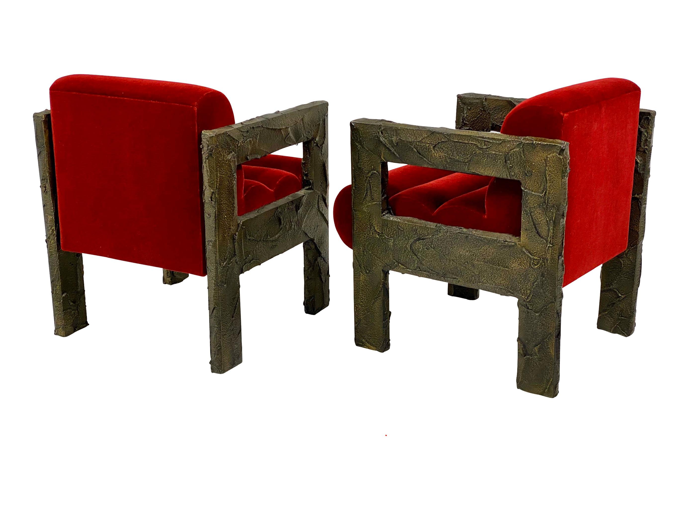Rare lounge chairs by Paul Evans, circa 1968. Sculpted bronze frames with new mohair upholstery. Will be accompanied with “Certificate of Authenticity” by Dorsey Reading.