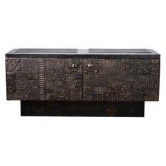 Paul Evans Sculpted Bronze, Patchwork Steel & Slate Cabinet, 1968