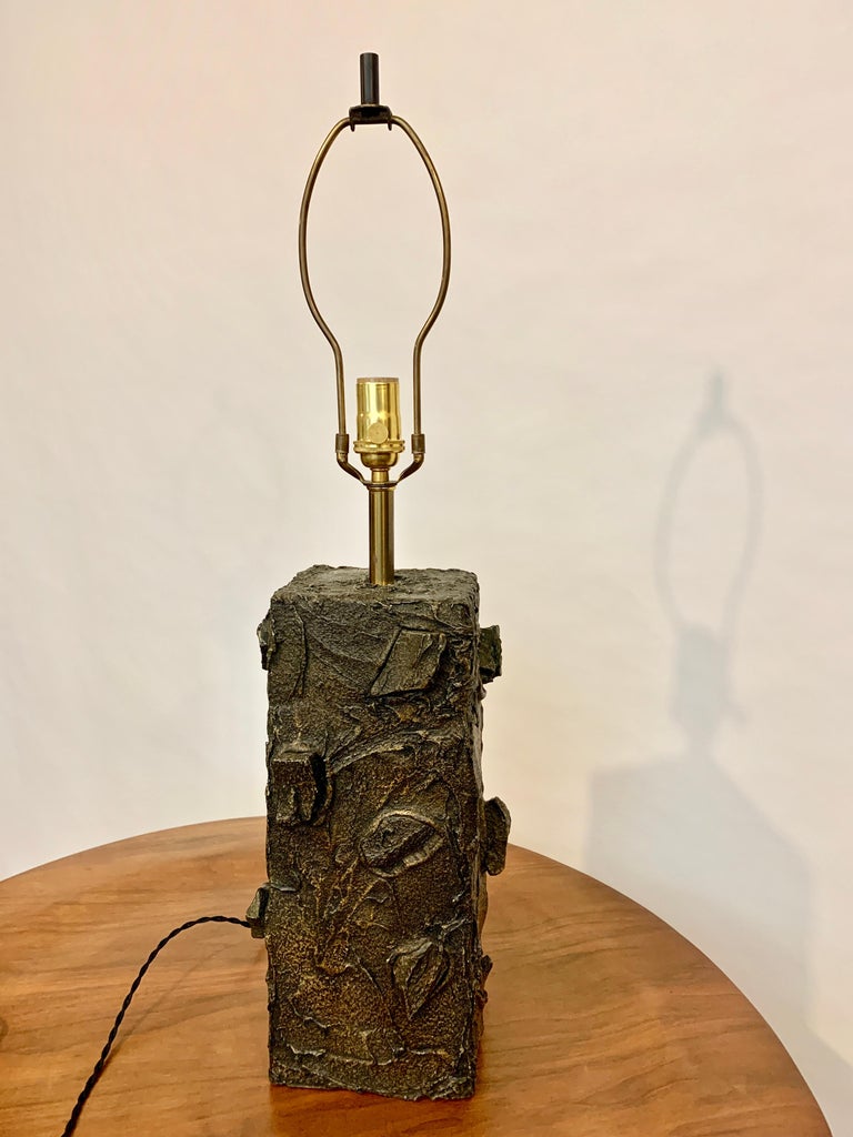 Early handcrafted Studio Table Lamp by Paul Evans in Bronze Resin.  Featuring classic heavily sculpted three dimensional relief. Shade shown for display only. (12H x 15W). 21 H to top of socket. 15.5 H top of base. One of a kind. From the collection