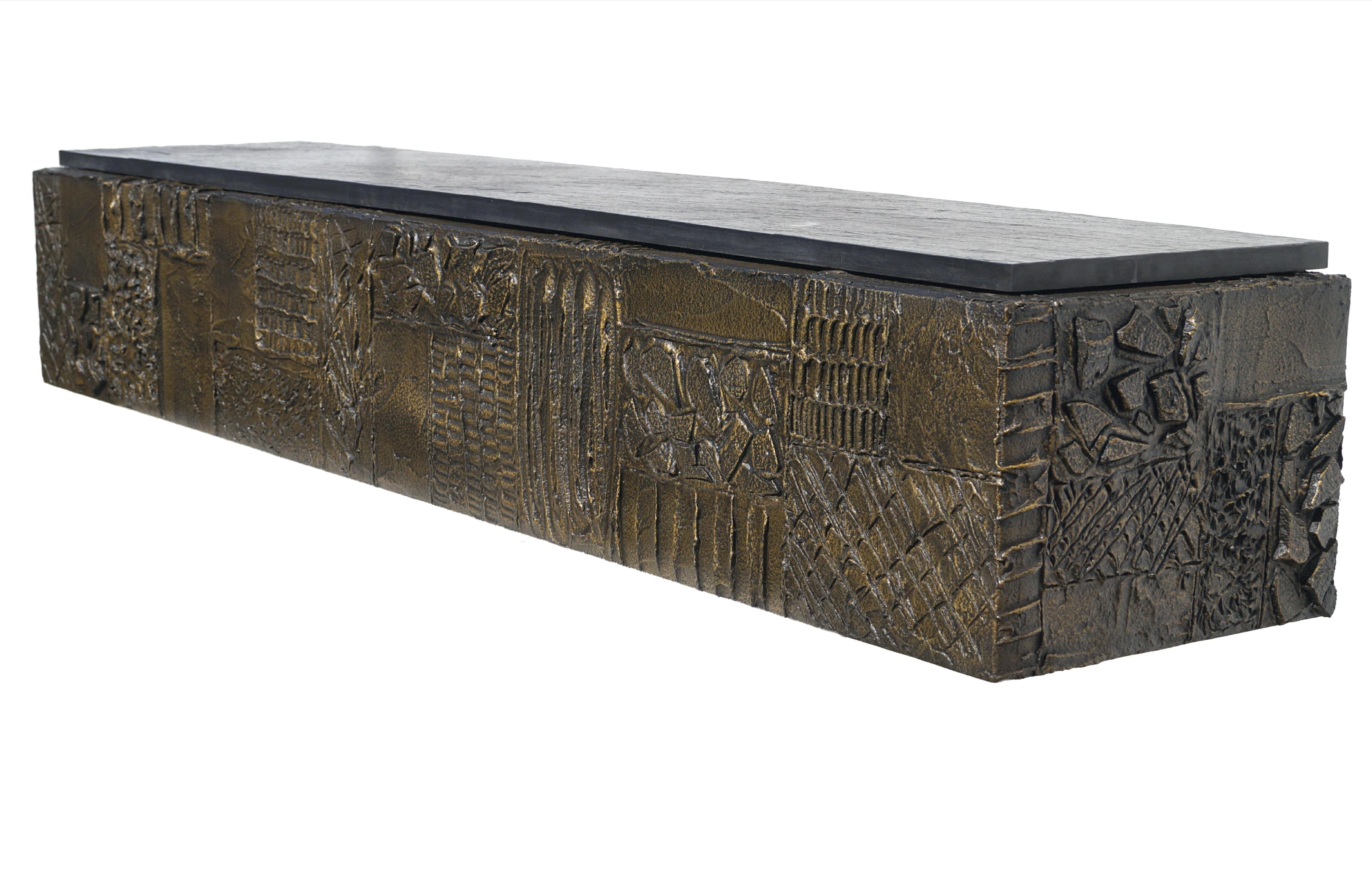 Paul Evans Sculpted Bronze Slate Top Wall Console Shelf  Signed 3