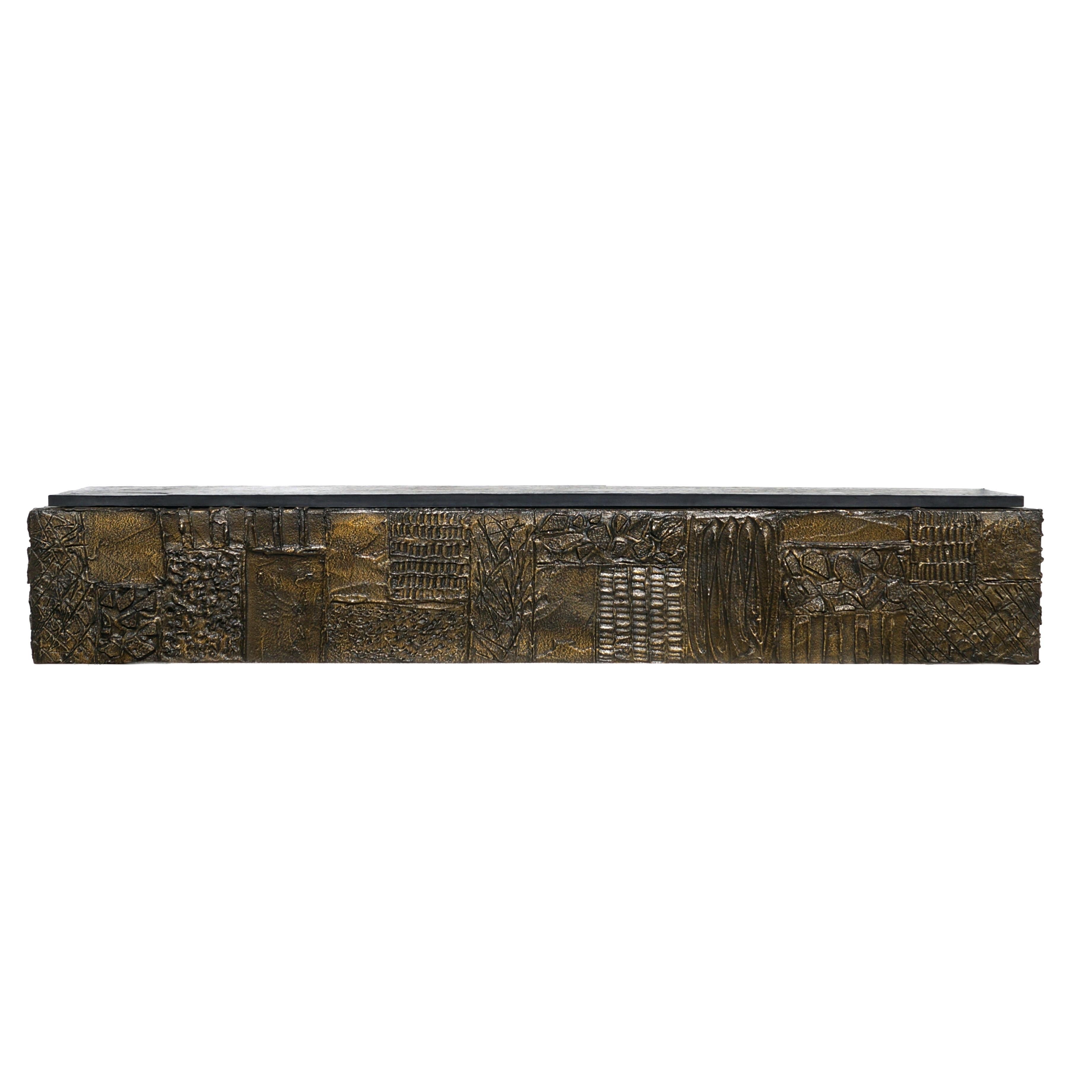 Mid-Century Modern Paul Evans Sculpted Bronze Slate Top Wall Console Shelf  Signed
