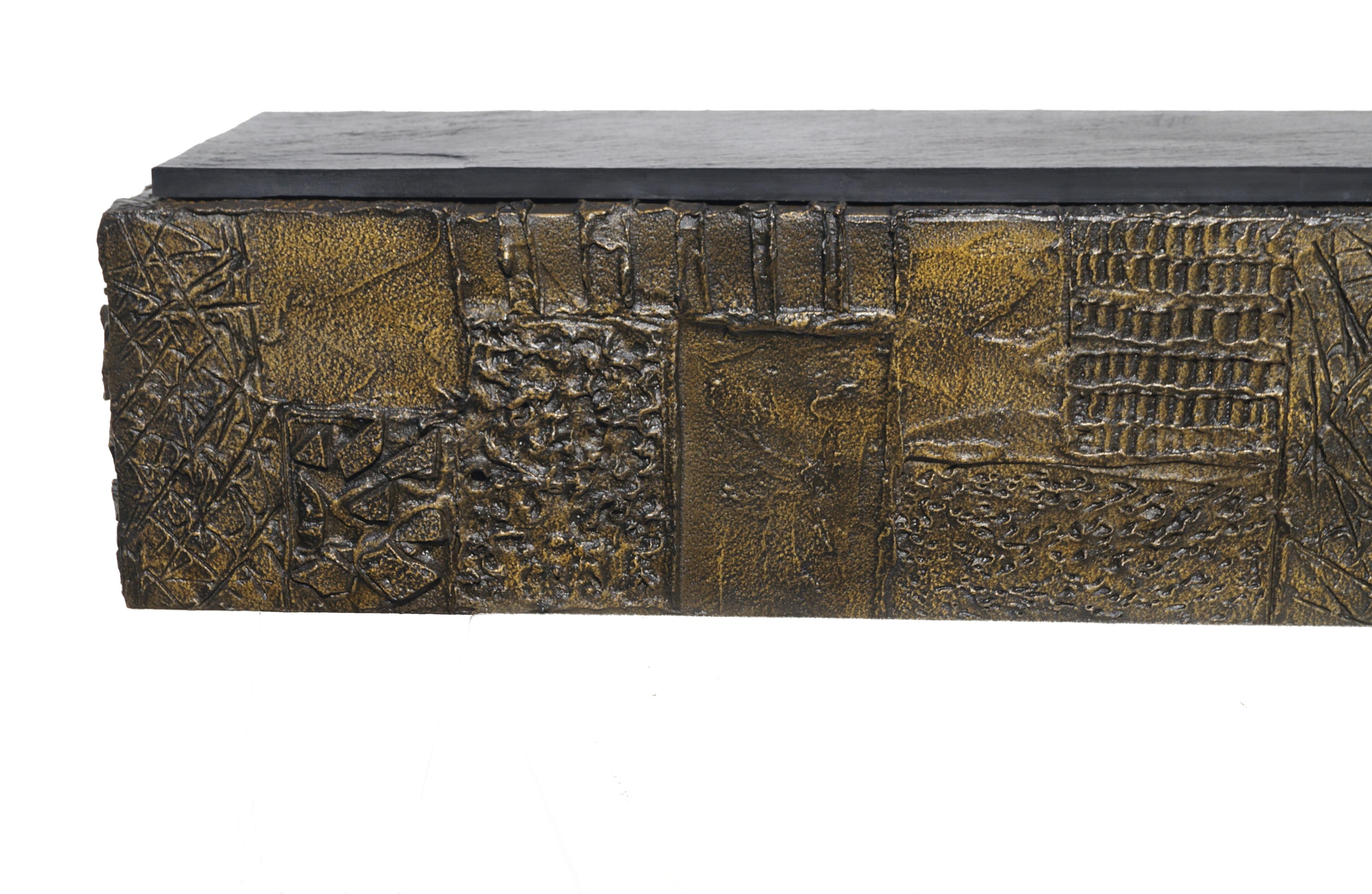 American Paul Evans Sculpted Bronze Slate Top Wall Console Shelf  Signed