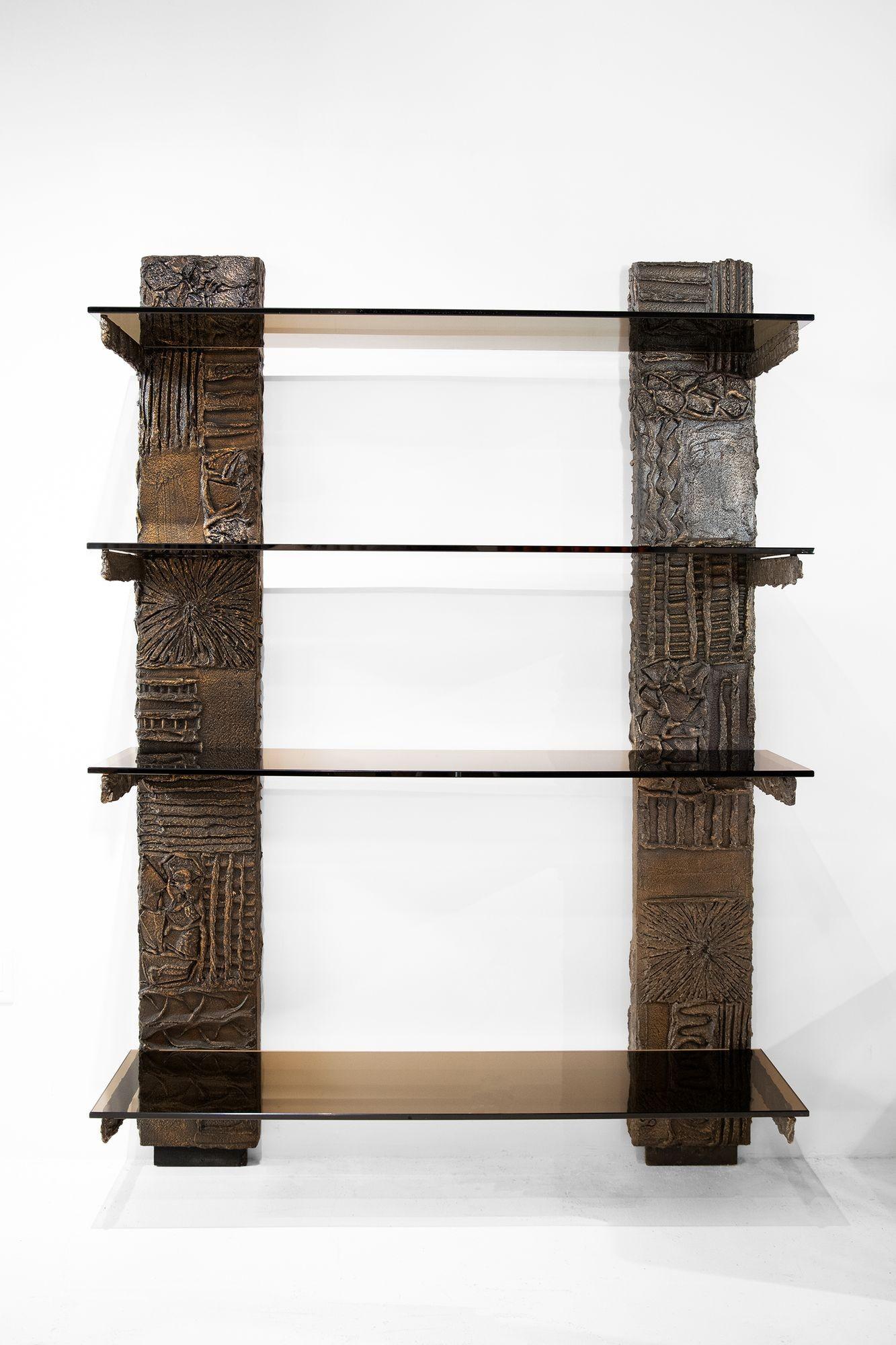 American Paul Evans Sculpted Bronze Wall-Mounted Shelving Unit, First Year of Production For Sale