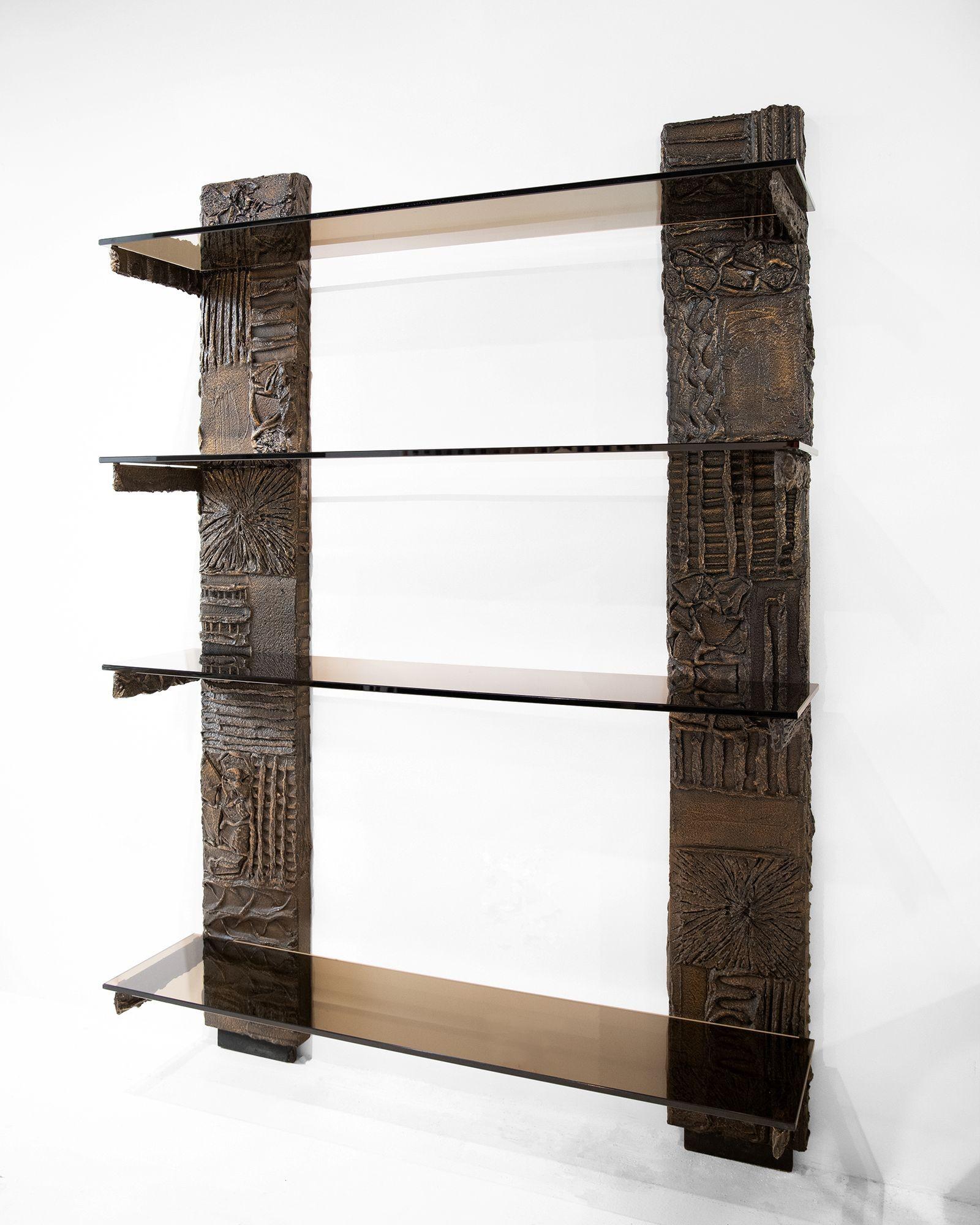 Paul Evans Sculpted Bronze Wall-Mounted Shelving Unit, First Year of Production For Sale 1