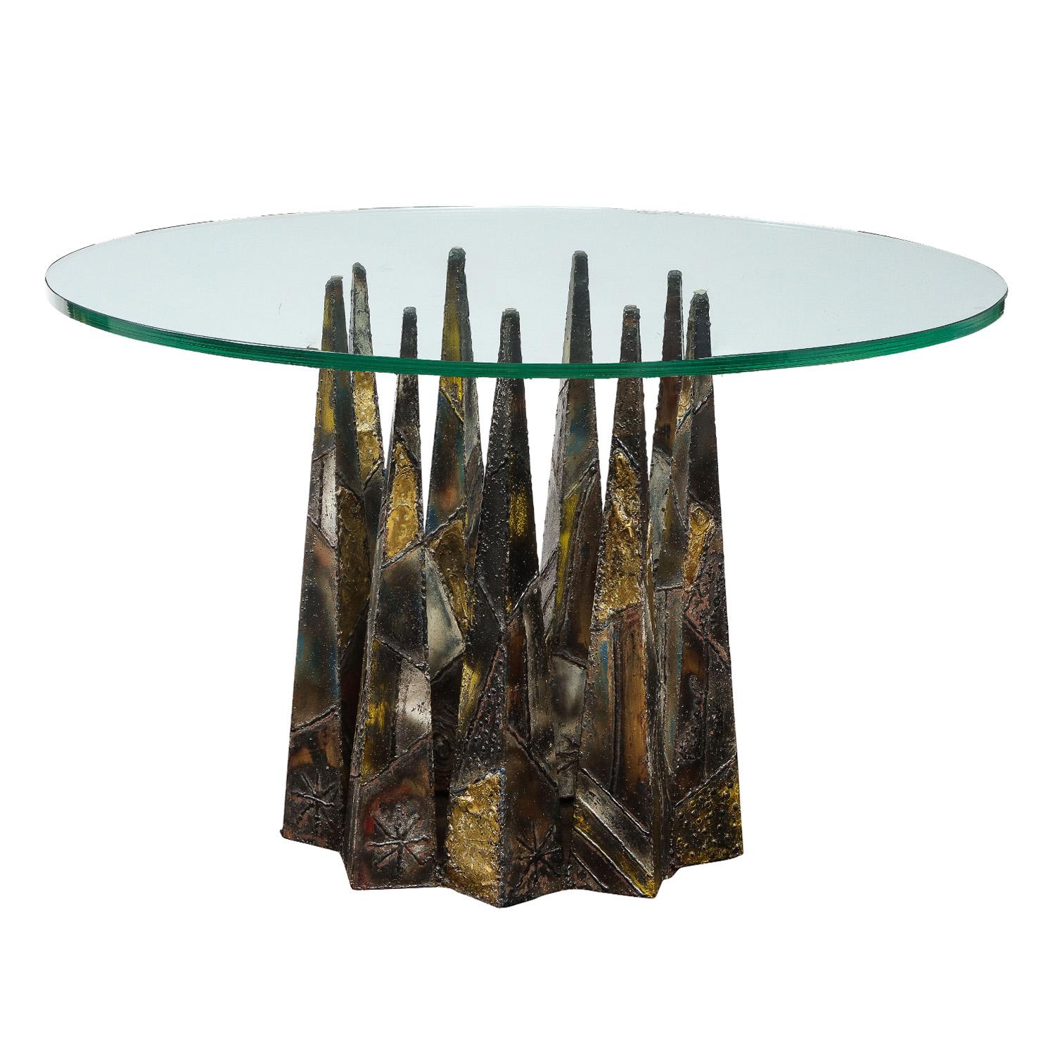 Rare and stunning dining/game/center table model PE-46 in welded and patinated steel with polychrome enamels and gilding by Paul Evans Studio for Directional Furniture, American 1960's (signed “Paul Evans” on base). This table has beautiful