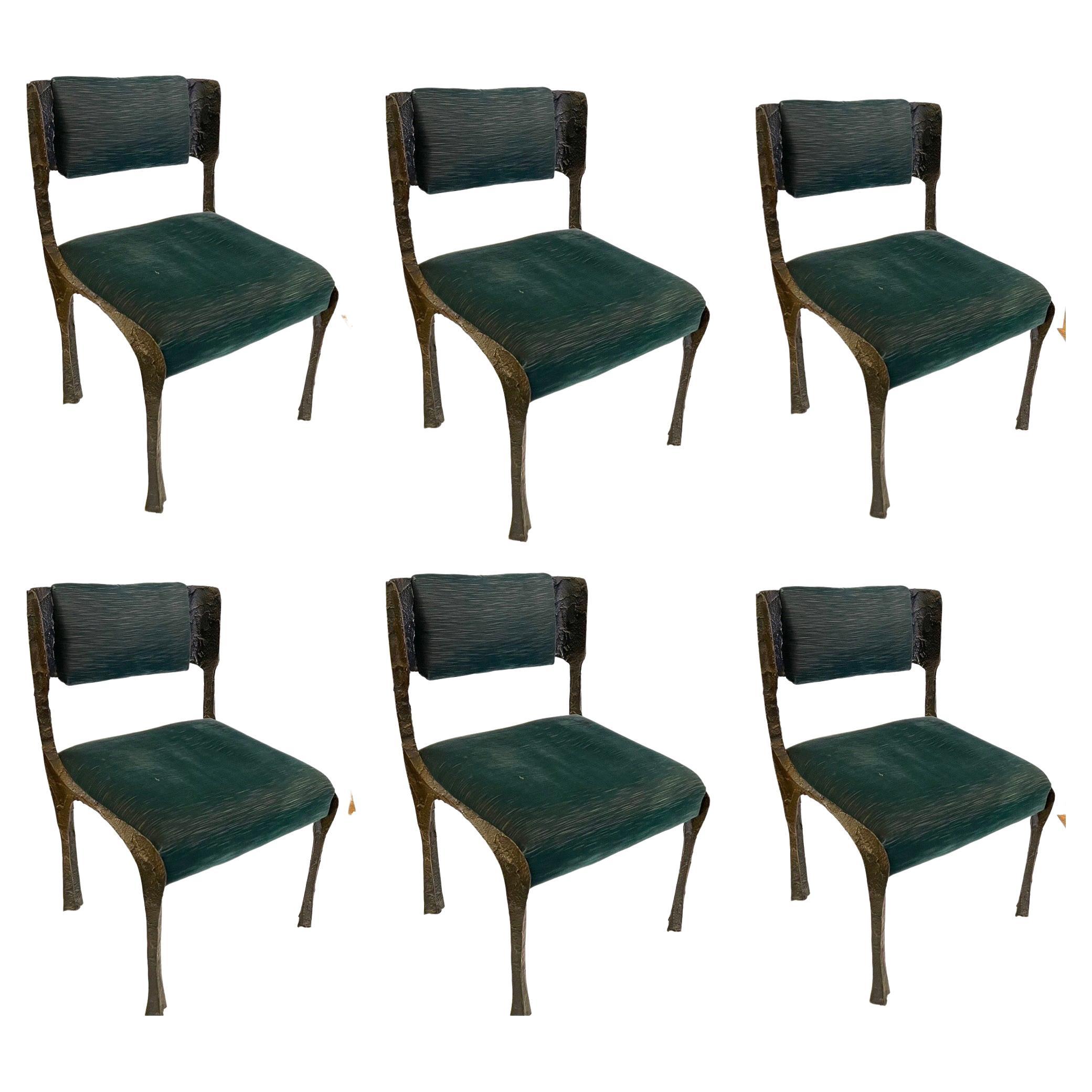 Paul Evans Set of 6 Dining Chairs PE-105/106 in Sculpted Bronze & Velvet For Sale