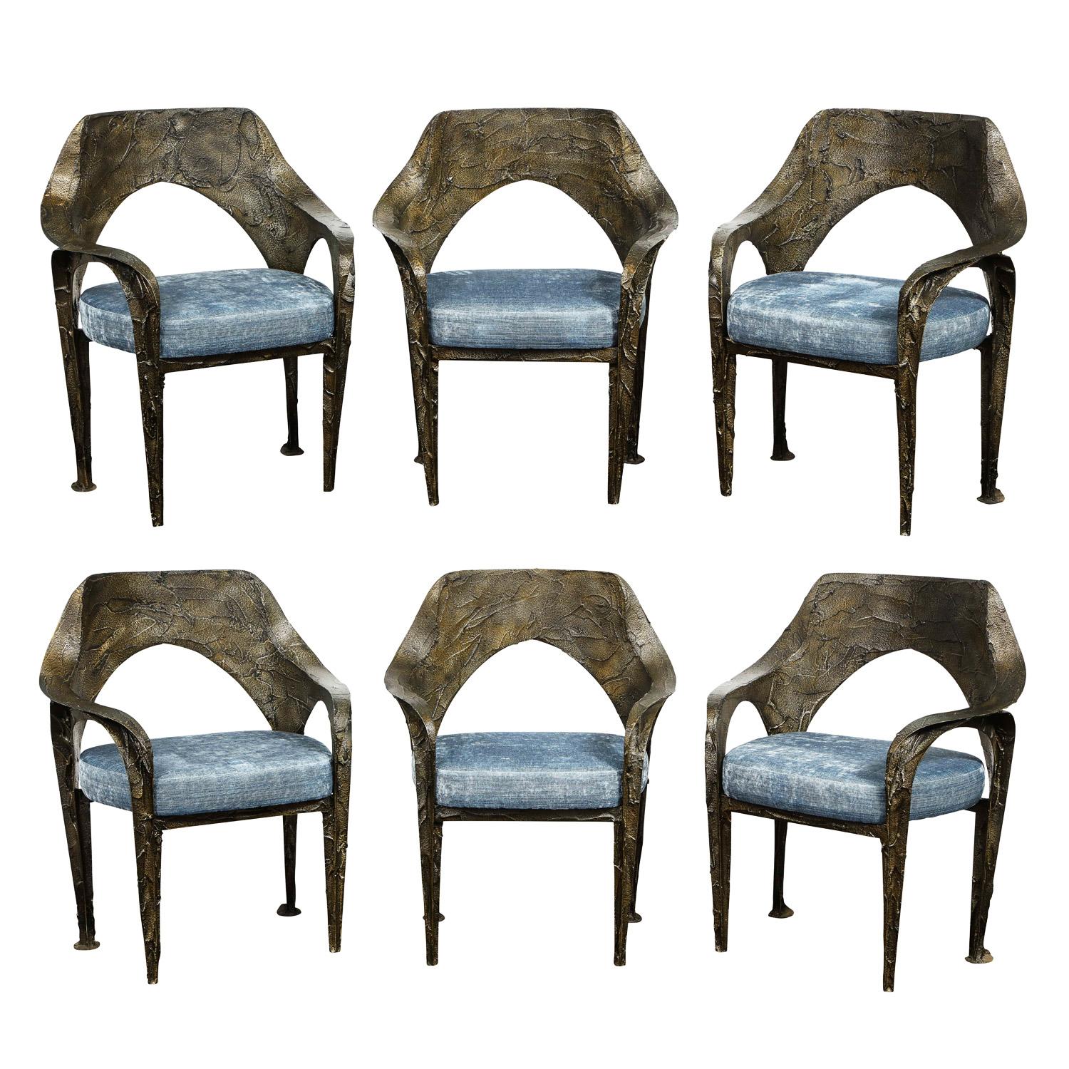 Rare and impressive set of 6 sculpted bronze dining chairs in bronze resin with upholstered seats by Paul Evans, American 1969 (signed 