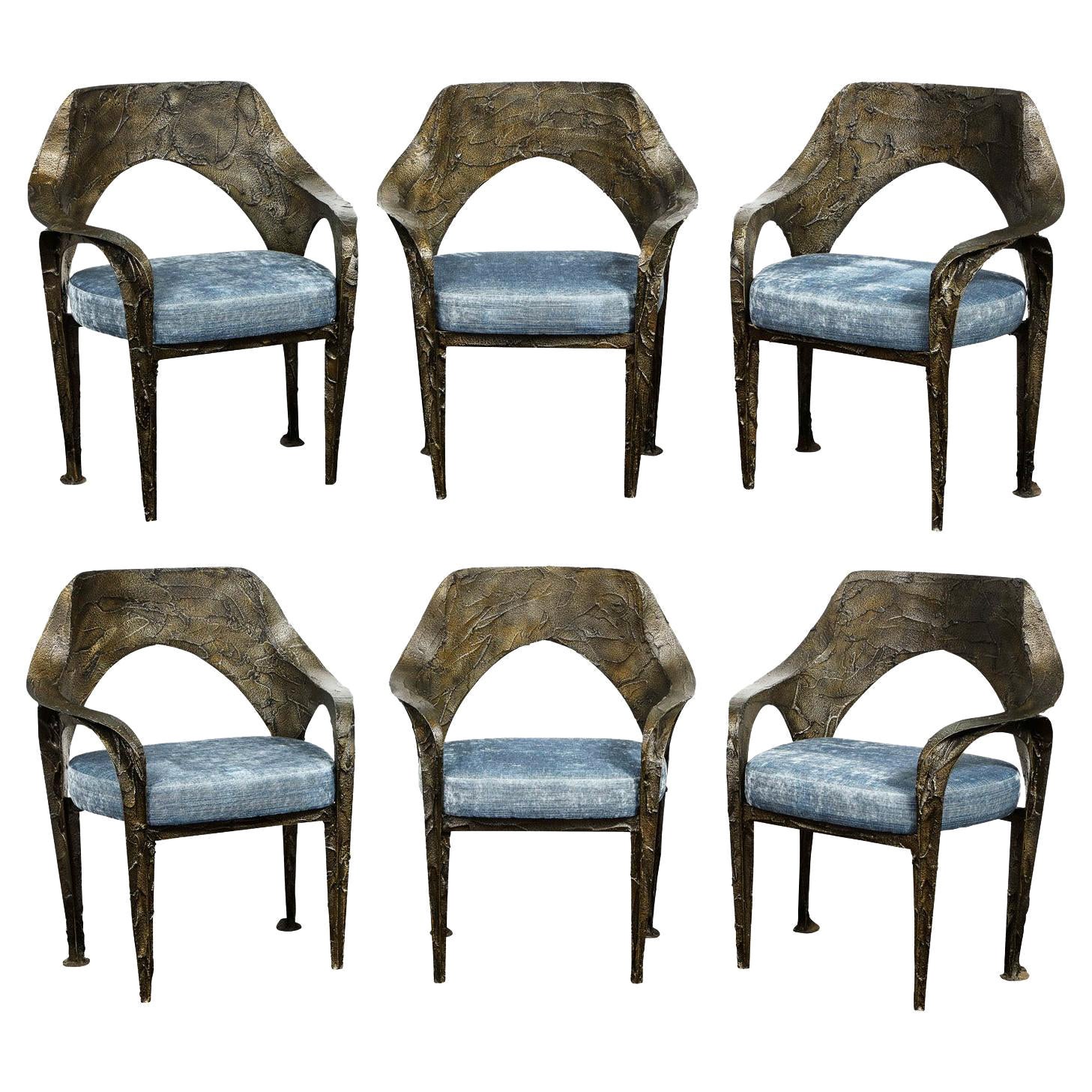 Paul Evans Set of 6 Rare Sculpted Bronze Dining Chairs 1969 'Signed and Dated'