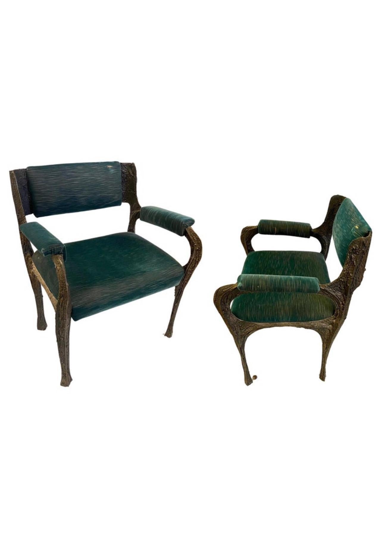 Paul Evans for Directional, dining chairs from the series PE-105/106, sculpted bronze, steel, fabric, United States, circa 1965

A stunning example of Paul Evans's designs for Directional. The bronze series PE100-200 was the bestselling bronze