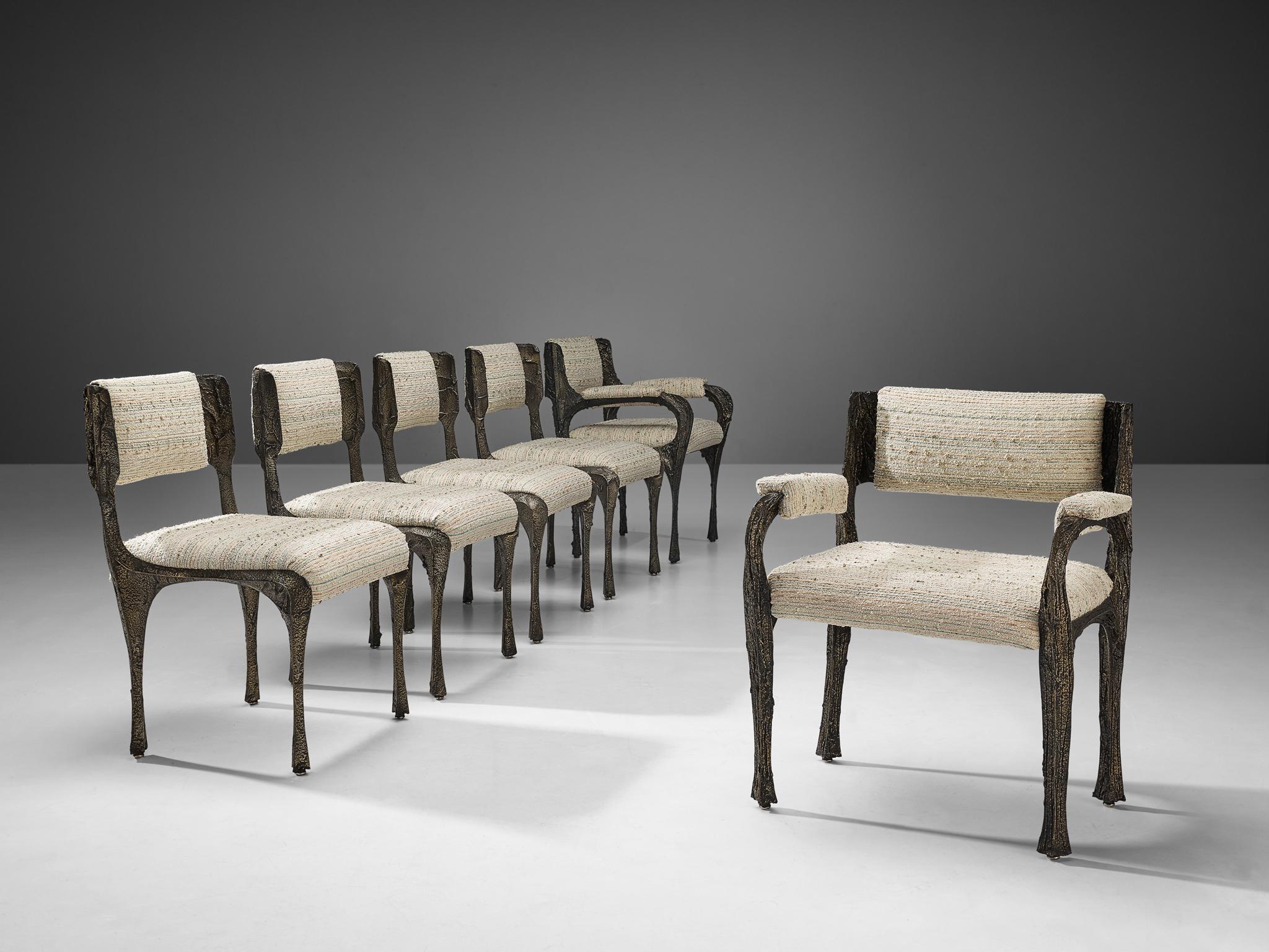 Paul Evans Set of Four Dining Chairs ‘PE-105/106’ in Sculpted Bronze and Fabric 7