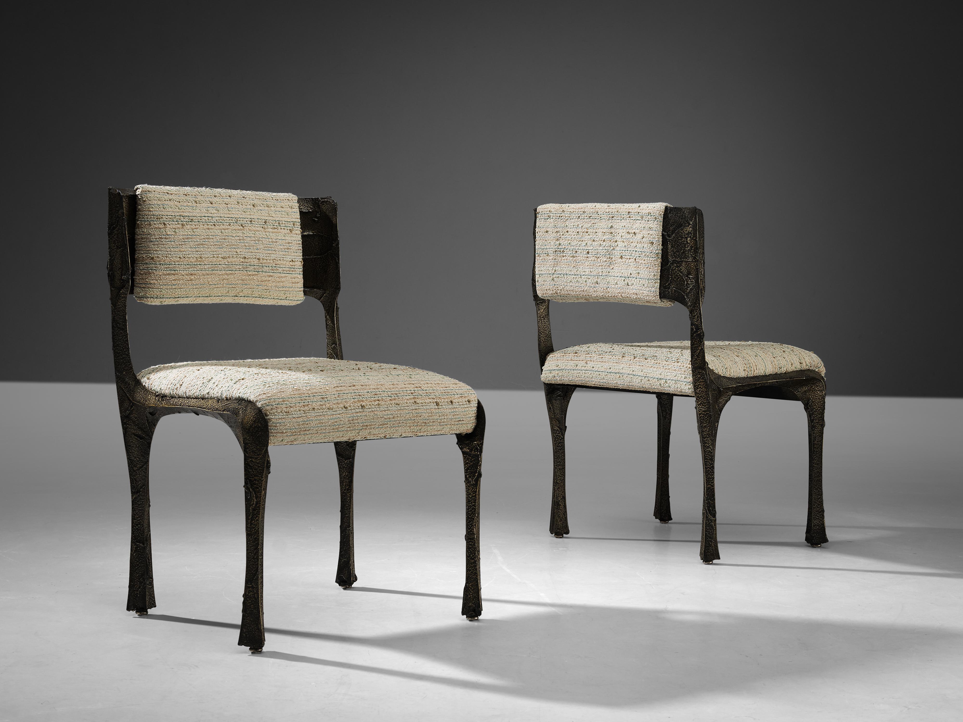 Mid-Century Modern Paul Evans Set of Four Dining Chairs ‘PE-105/106’ in Sculpted Bronze and Fabric