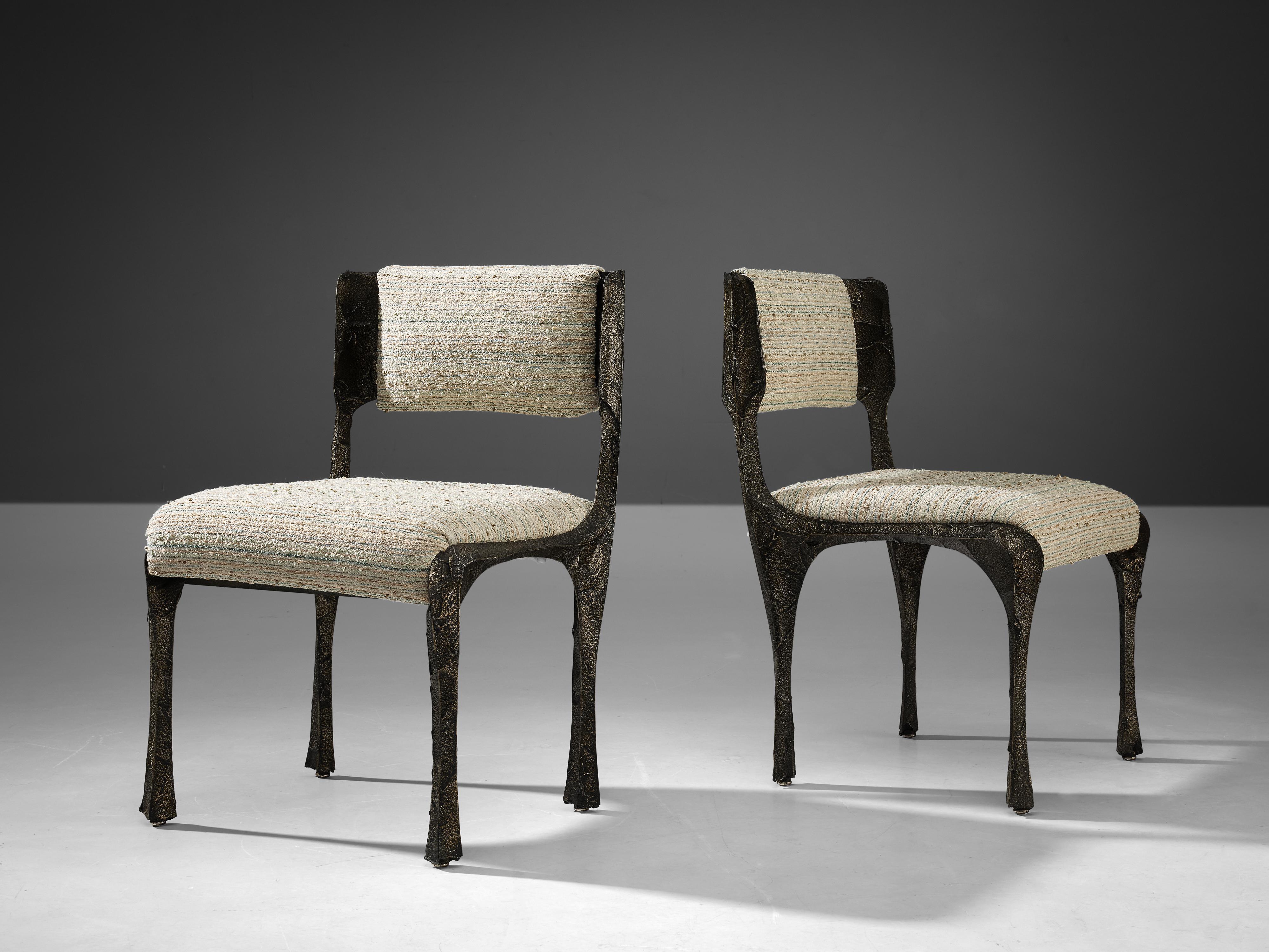 Paul Evans Set of Four Dining Chairs ‘PE-105/106’ in Sculpted Bronze and Fabric In Good Condition In Waalwijk, NL