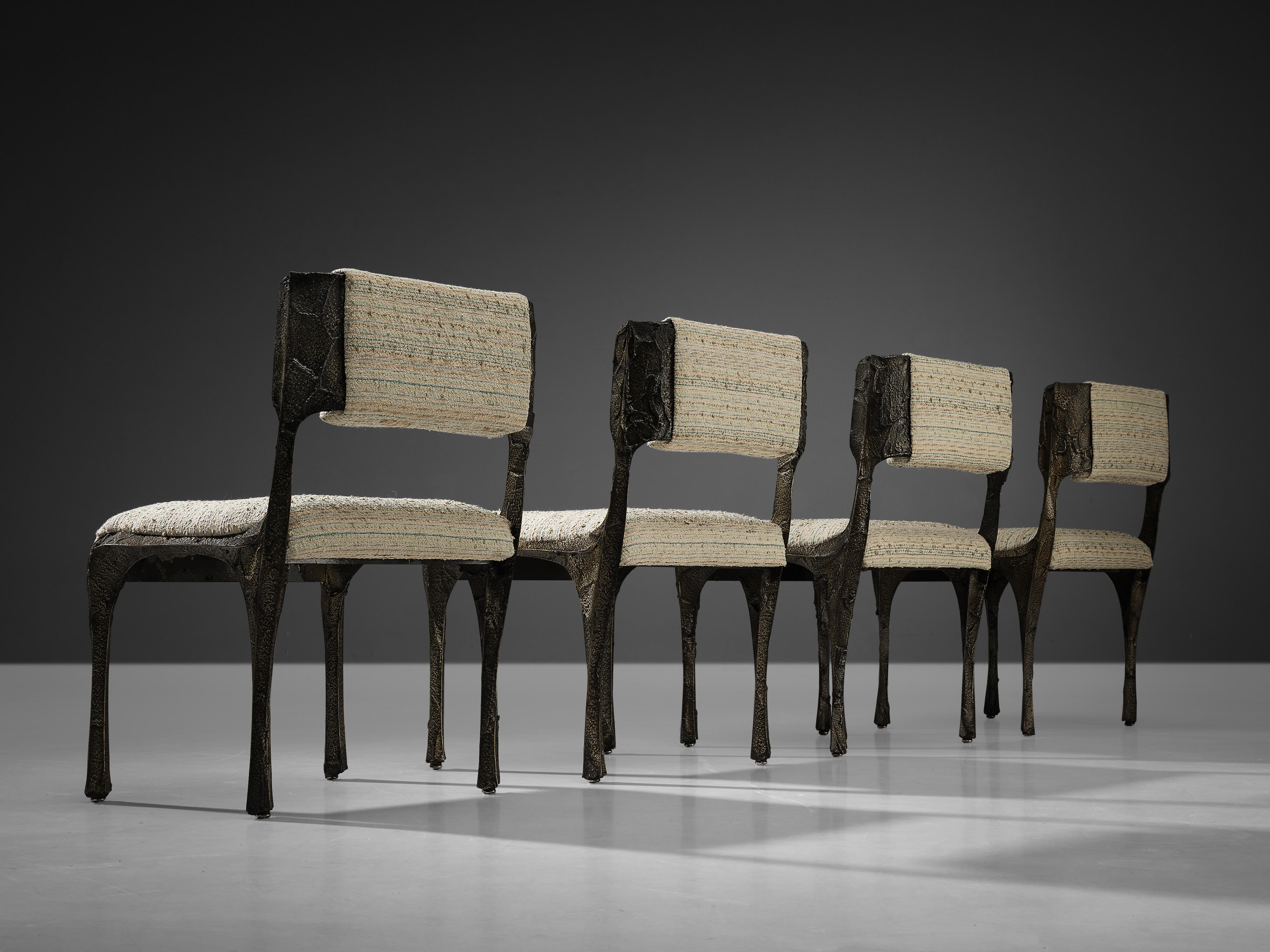 Paul Evans Set of Four Dining Chairs ‘PE-105/106’ in Sculpted Bronze and Fabric 3