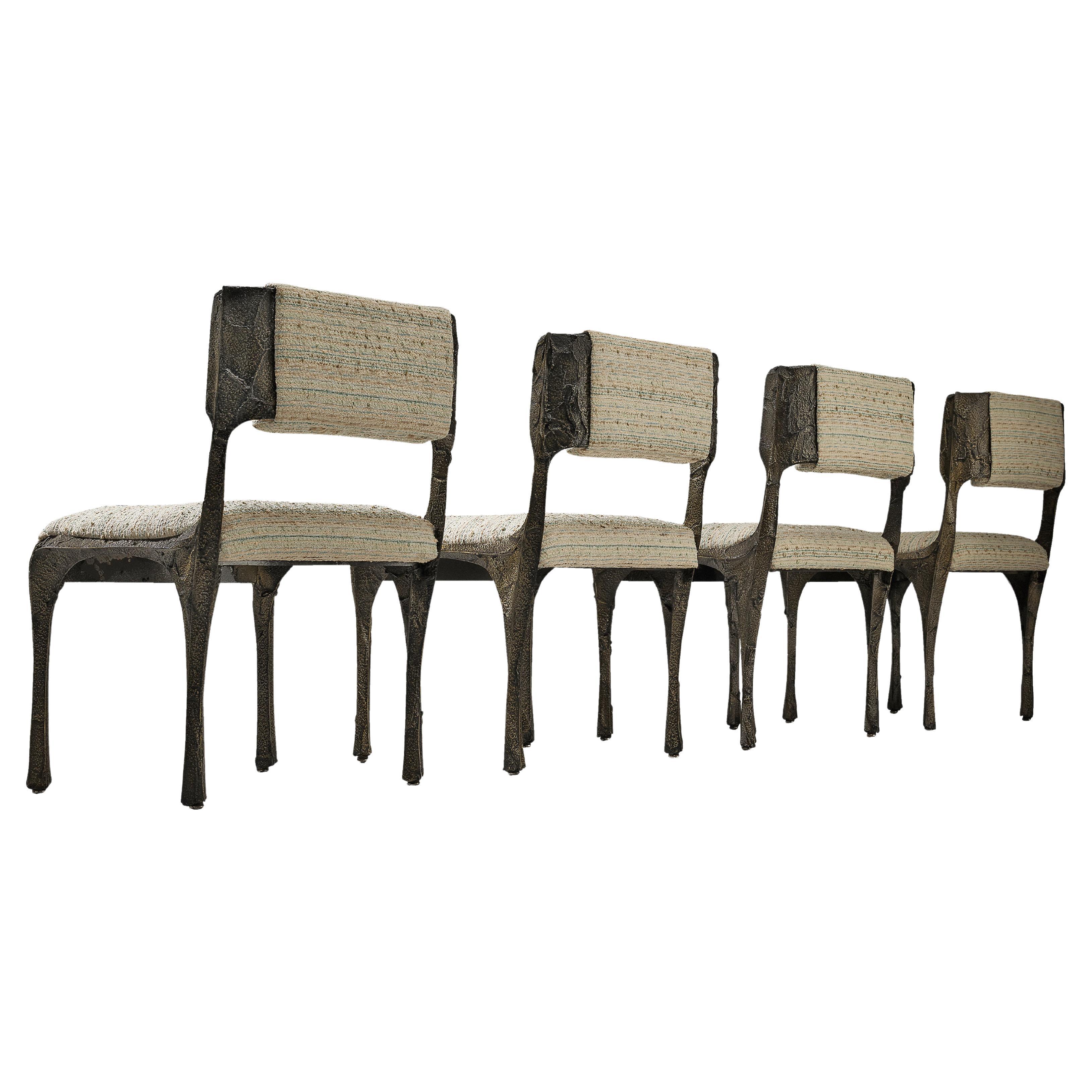 Paul Evans Set of Four Dining Chairs ‘PE-105/106’ in Sculpted Bronze and Fabric