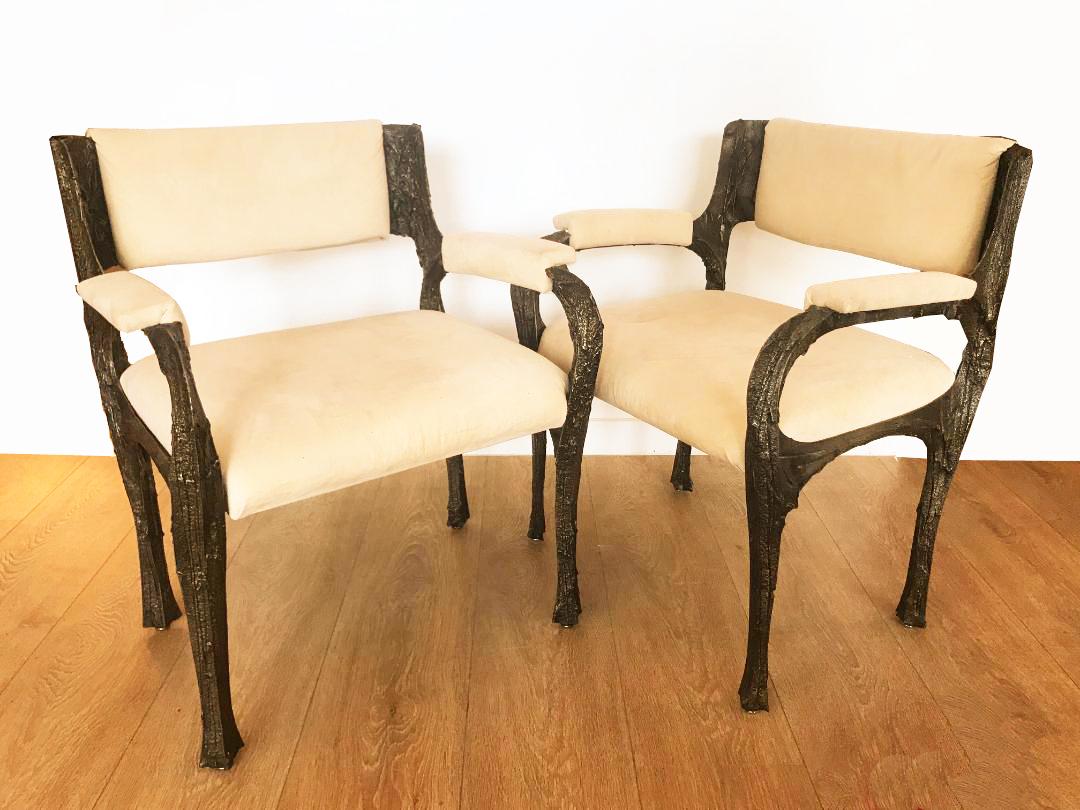 Paul Evans set of six Brutalist sculpted bronze dining chairs. Set is comprised of two armchairs (Model PE 105) and four side chairs (Model PE 106).
Retain previous owner's upholstery, can be changed by our in-house artisan to your own