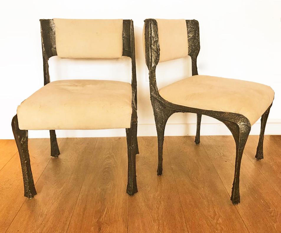 Appliqué Paul Evans Set of Six Brutalist Sculpted Bronze Dining Chairs