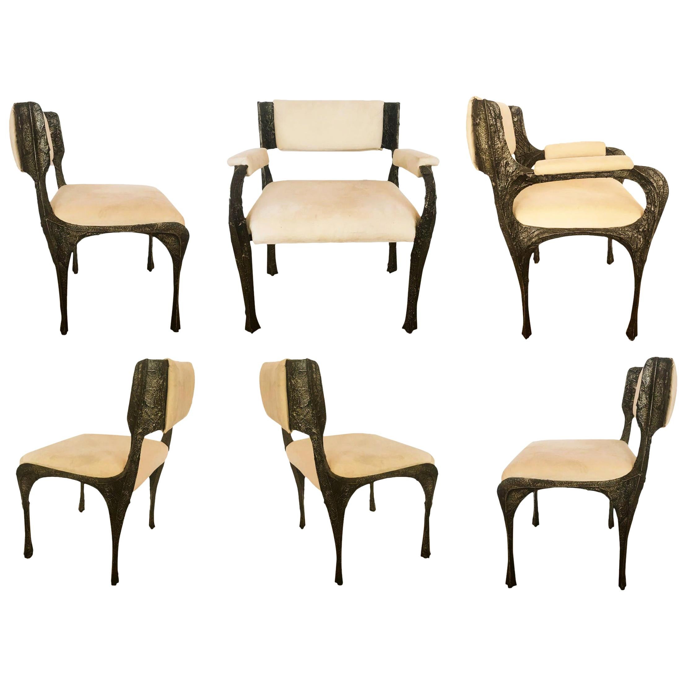 Paul Evans Set of Six Brutalist Sculpted Bronze Dining Chairs