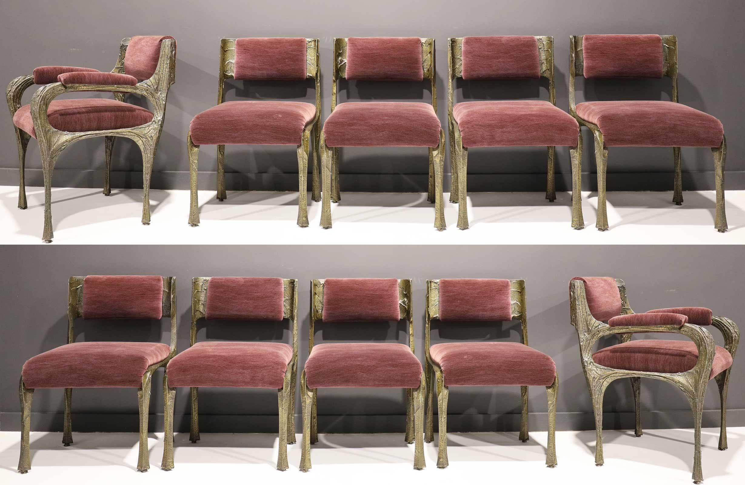 Paul Evans Ensemble de dix chaises de salle à manger en bronze sculpté et tapisserie aubergine 3
