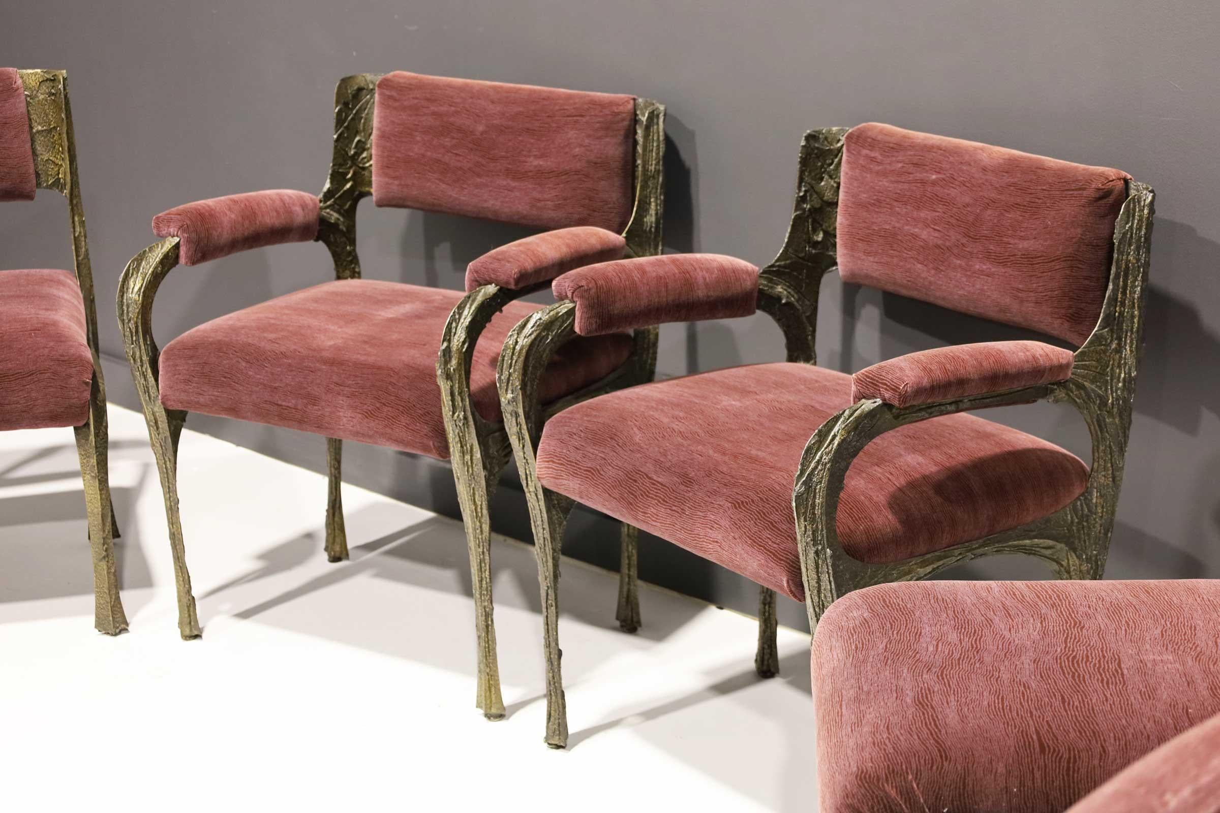 Paul Evans Set of Ten Sculpted Bronze Dining Chairs in Aubergine Upholstery 3