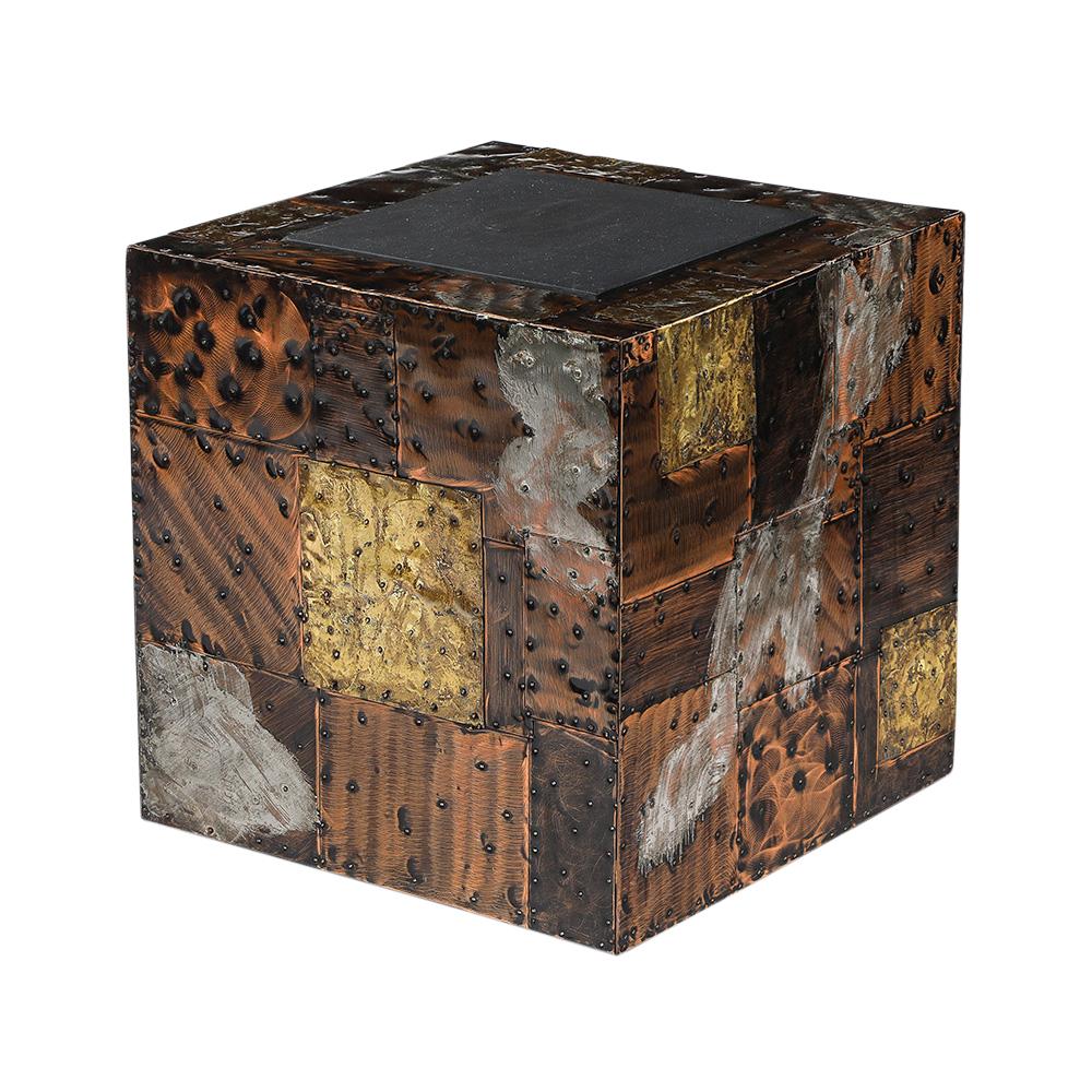 Paul Evans Side Table, Copper, Bronze, Pewter, Patchwork, Slate. Chunky cube side with copper, bronze, and pewter (CBP) patchwork finish in a custom ordered size. According to Directional's 1968 