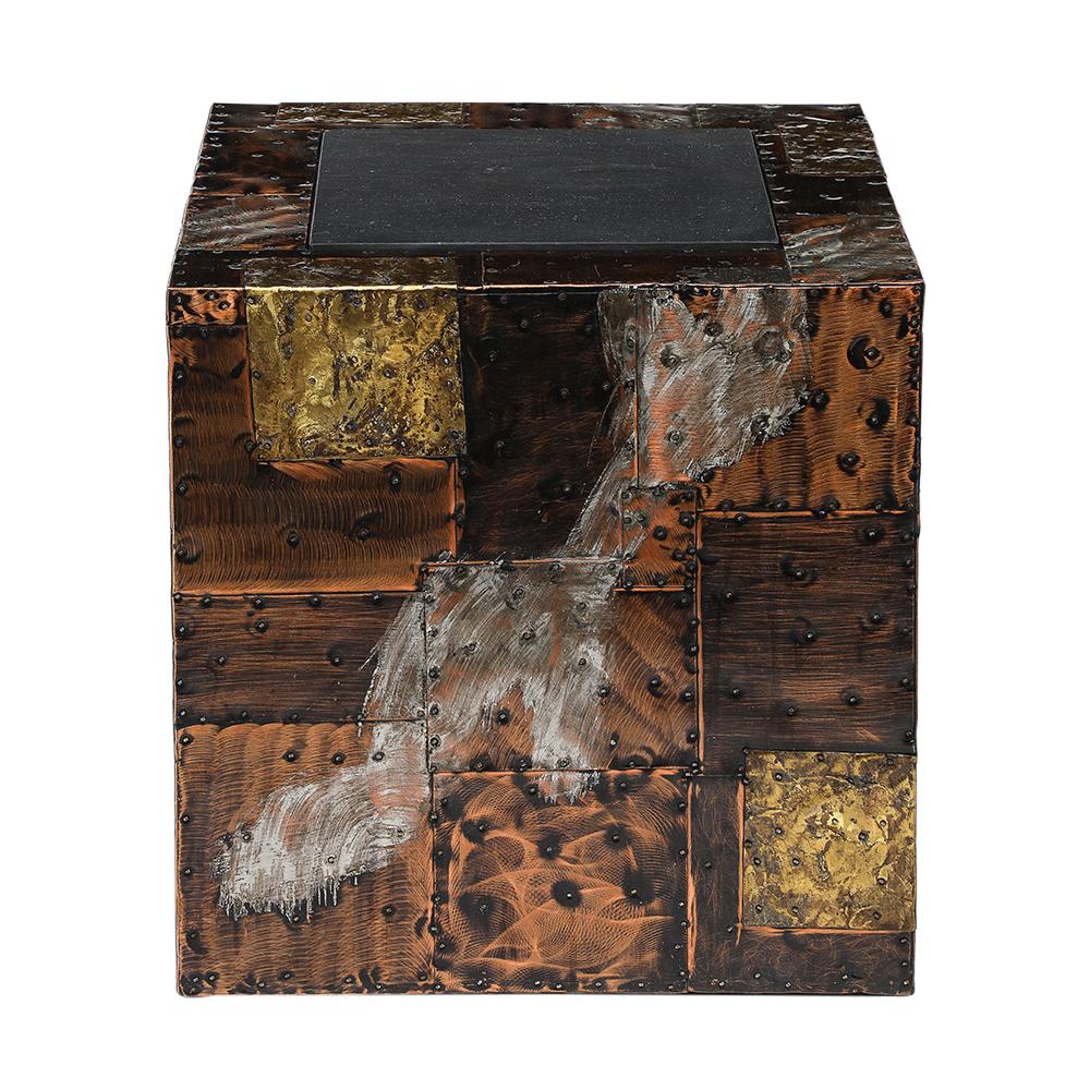 American Paul Evans Side Table, Copper, Bronze, Pewter, Patchwork, Slate For Sale