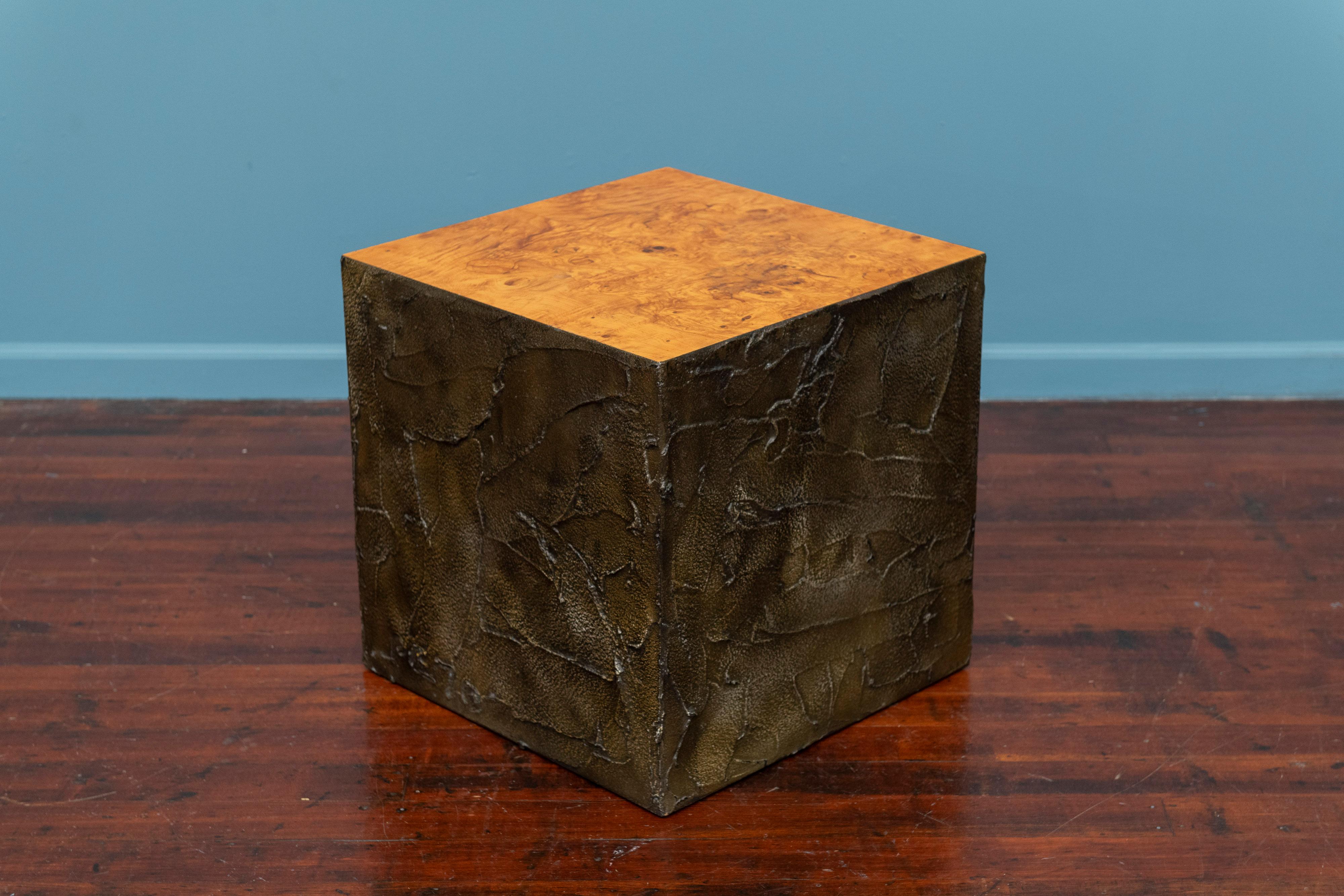 Paul Evans design side table or pedestal, signed PE 70. Rare form with a burl wood veneer top and brutalist bronze sculpted sides. A blue chip piece for the discerning collector.