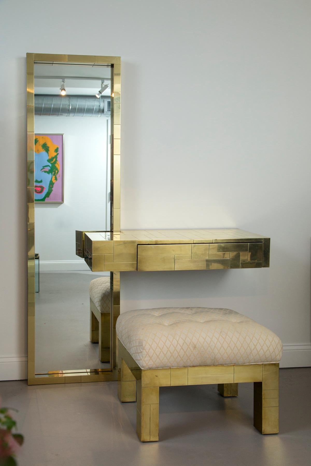 Mid-Century Modern Paul Evans Signed Cityscape Brass Console with Mirror and Bench
