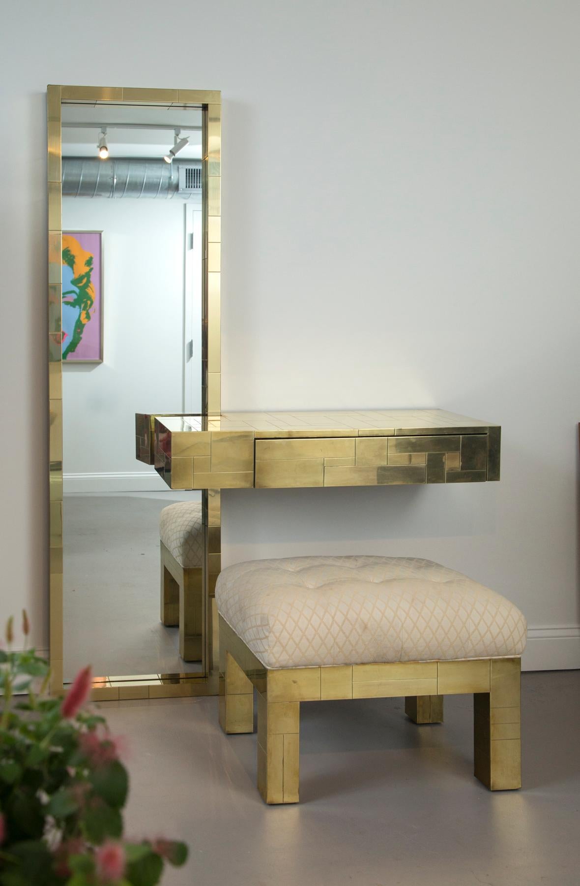 Paul Evans Signed Cityscape Brass Console with Mirror and Bench In Good Condition In Westport, CT