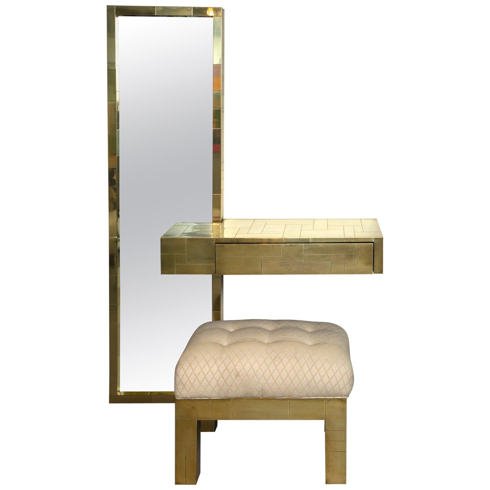 Paul Evans Signed Cityscape Brass Console with Mirror and Bench