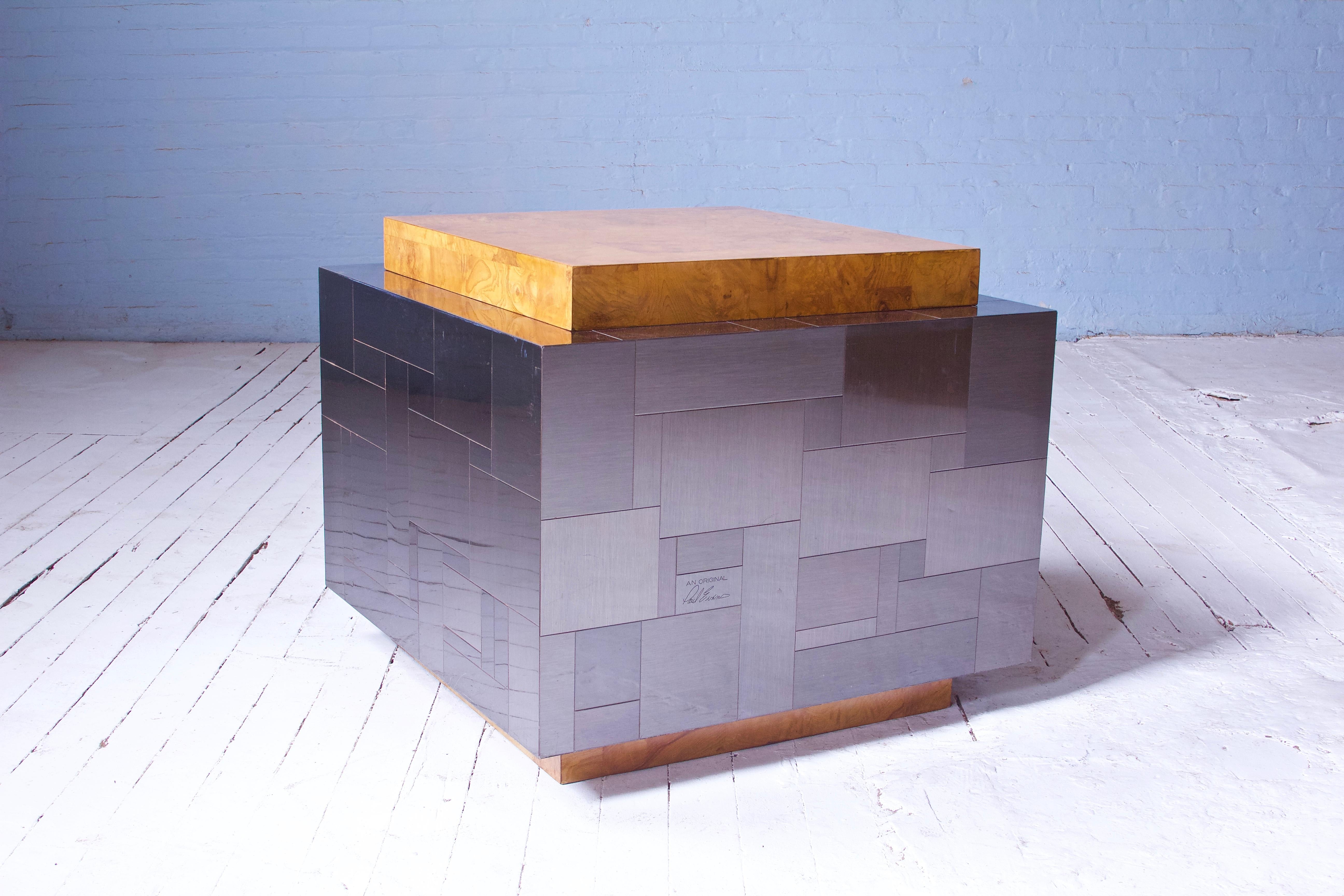 Mid-Century Modern Paul Evans Signed Cityscape Burlwood & Mixed Metal Cube Table, 1975