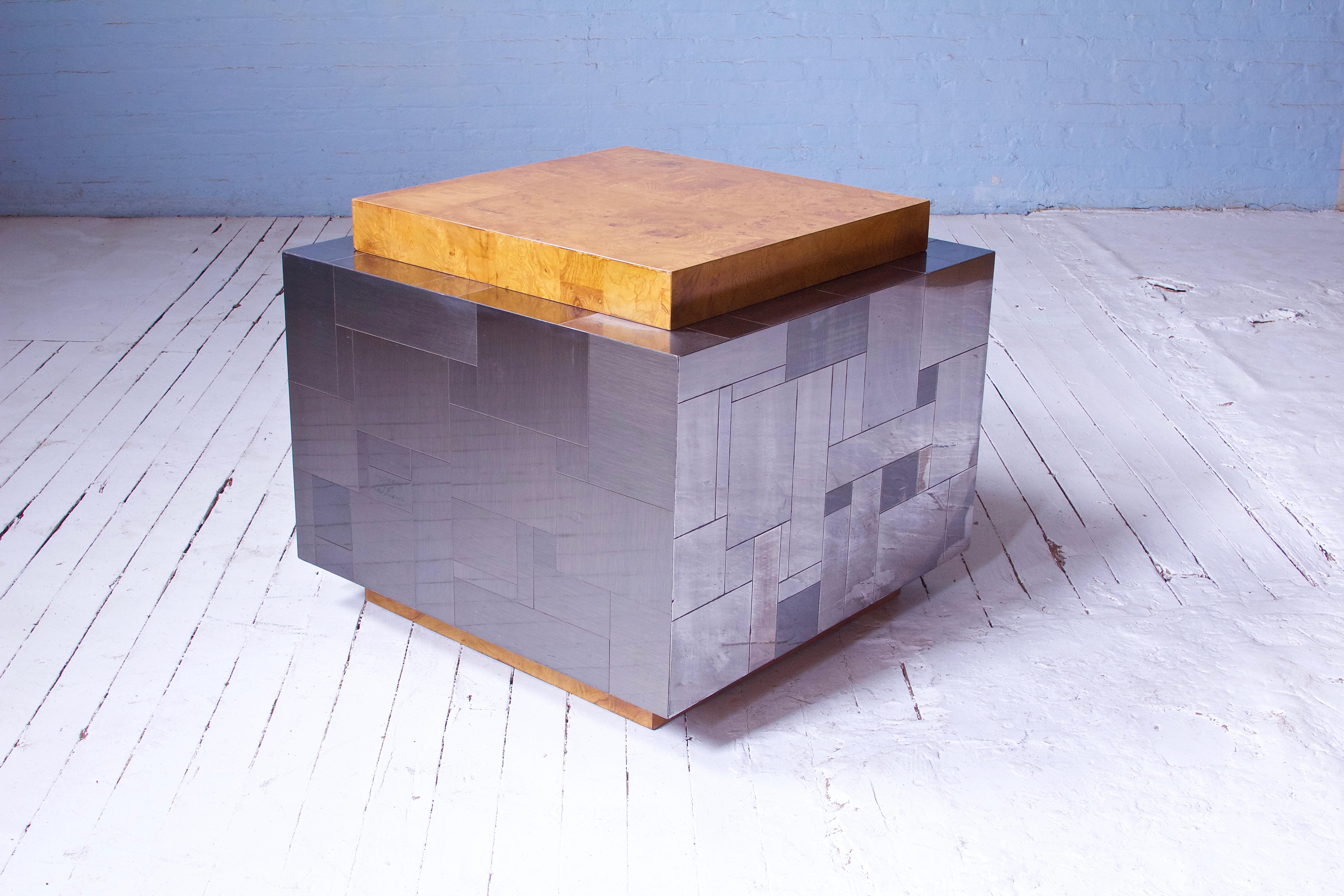 North American Paul Evans Signed Cityscape Burlwood & Mixed Metal Cube Table, 1975
