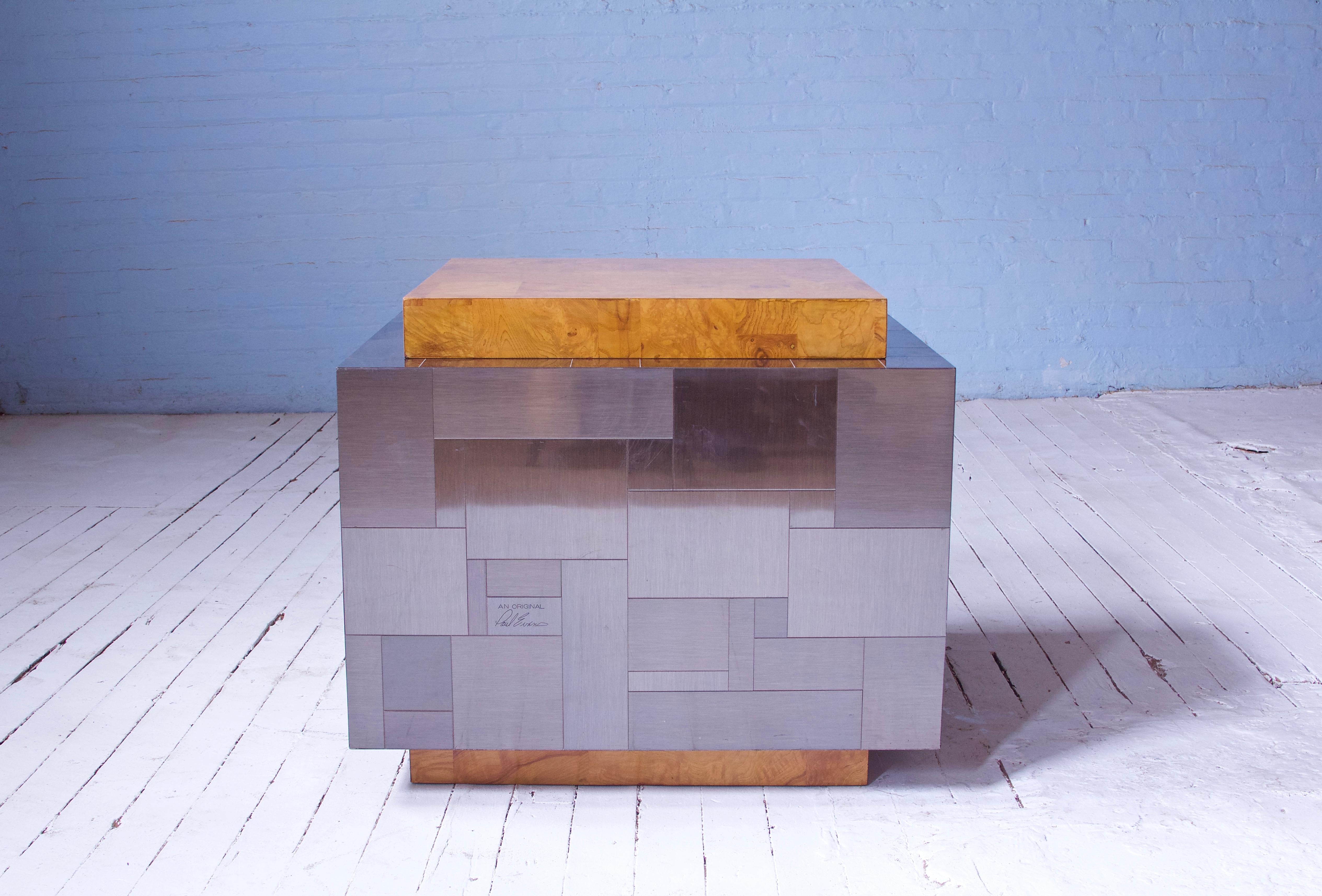 Polished Paul Evans Signed Cityscape Burlwood & Mixed Metal Cube Table, 1975
