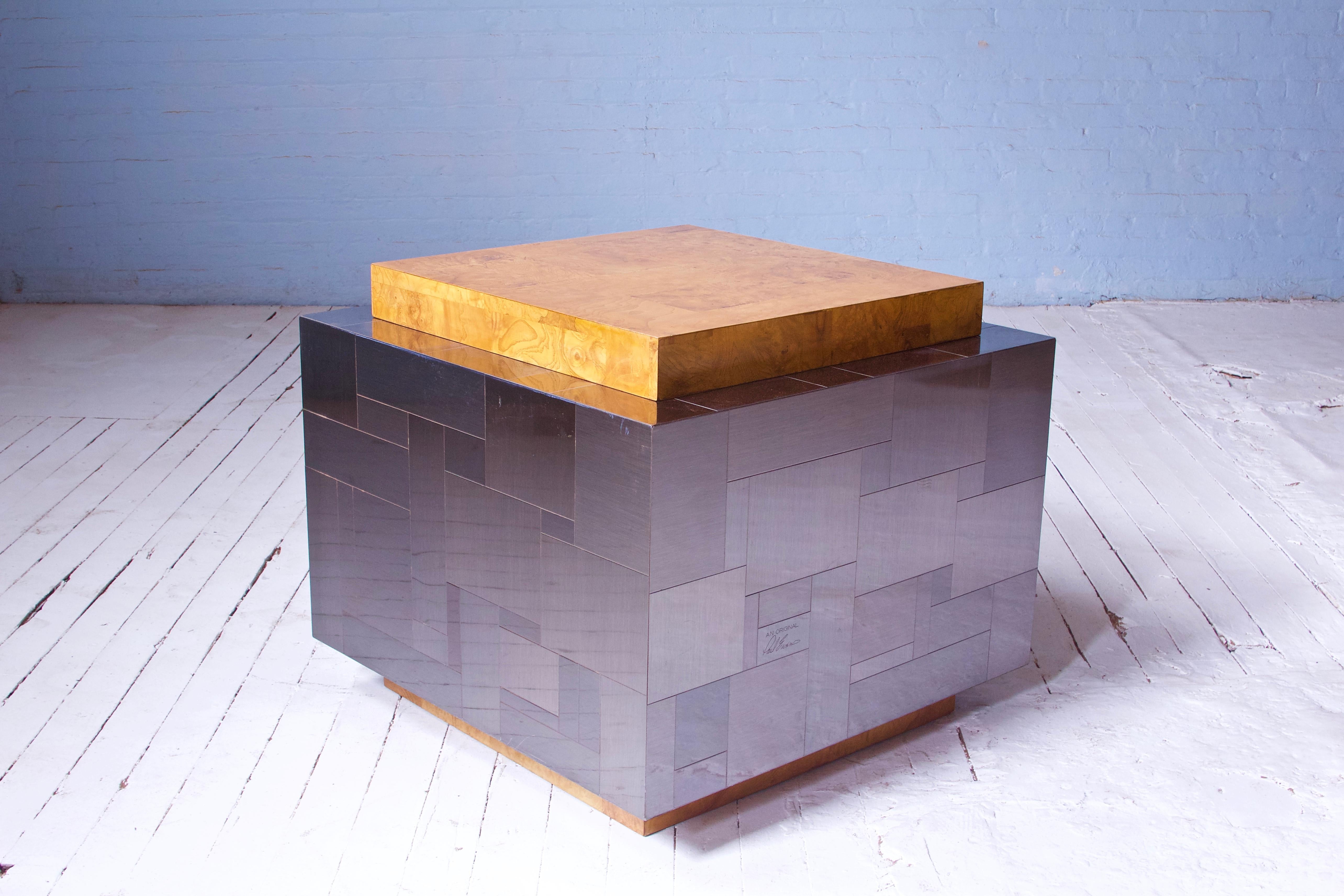 Paul Evans Signed Cityscape Burlwood & Mixed Metal Cube Table, 1975 In Good Condition In Brooklyn, NY