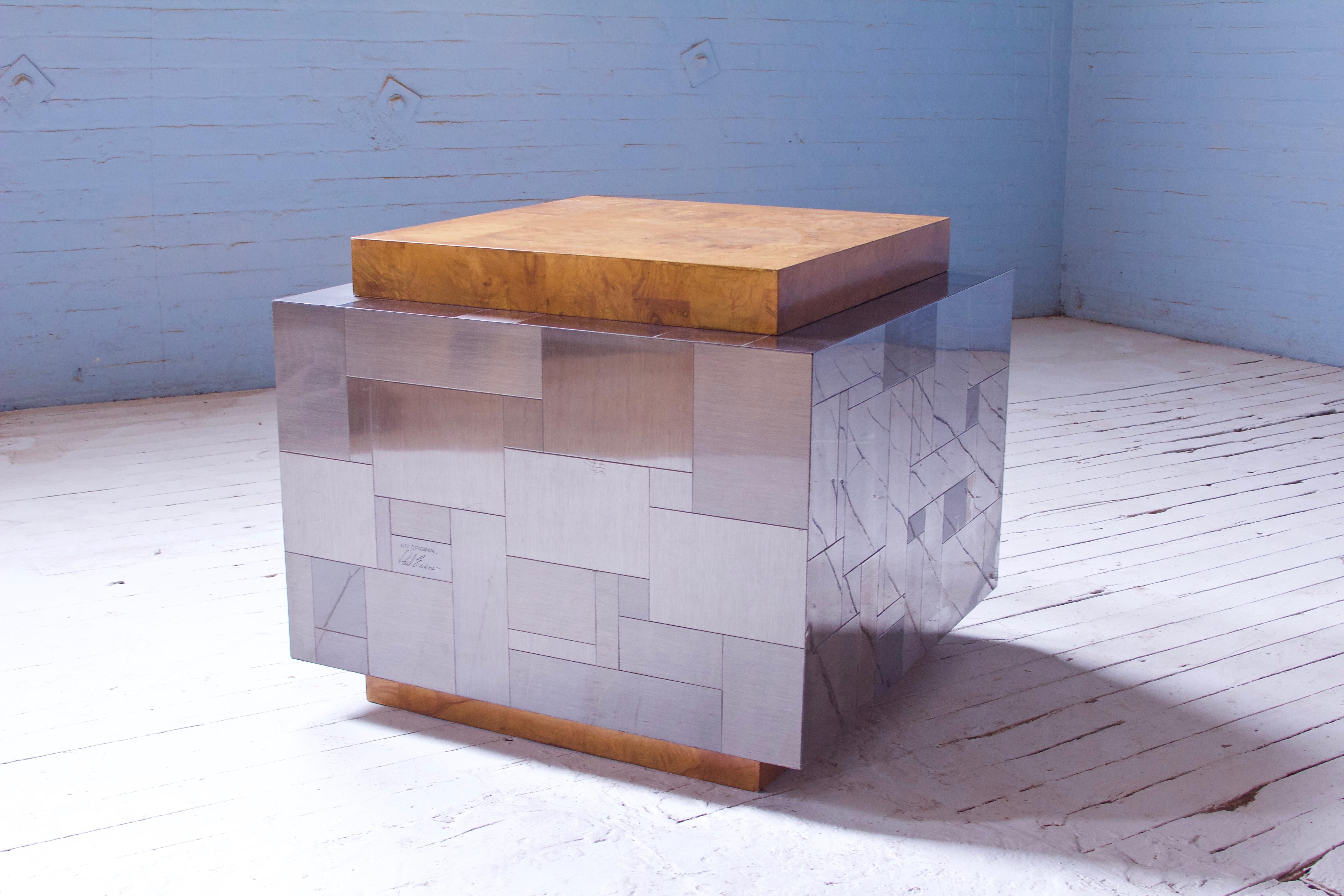 Late 20th Century Paul Evans Signed Cityscape Burlwood & Mixed Metal Cube Table, 1975