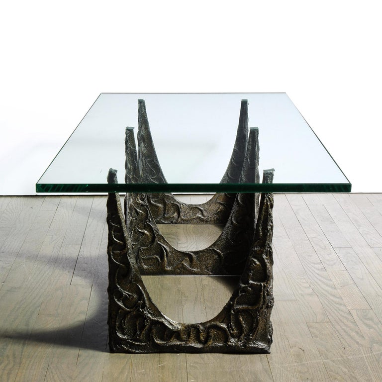 Paul Evans Signed & Dated Rectangular Sculpted Bronze and Glass Cocktail Table For Sale 3
