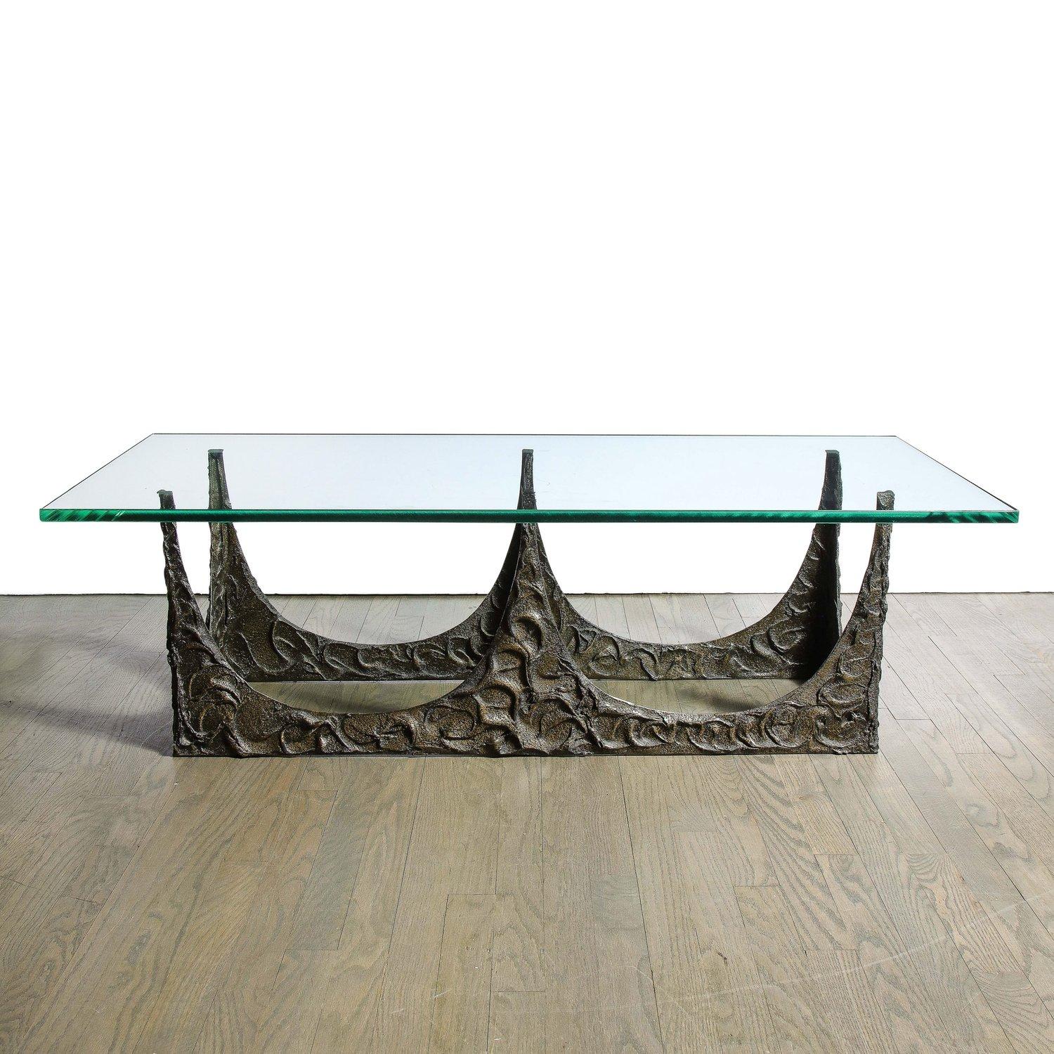 Paul Evans Signed & Dated Rectangular Sculpted Bronze and Glass Cocktail Table For Sale 5