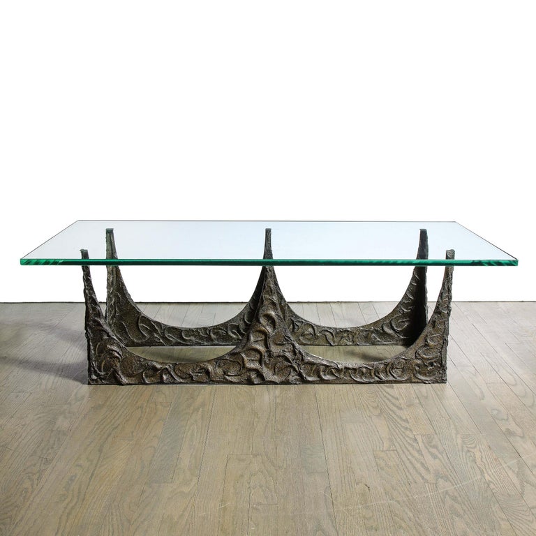 Paul Evans Signed & Dated Rectangular Sculpted Bronze and Glass Cocktail Table For Sale 6