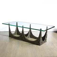 Paul Evans Signed & Dated Rectangular Sculpted Bronze and Glass Cocktail Table