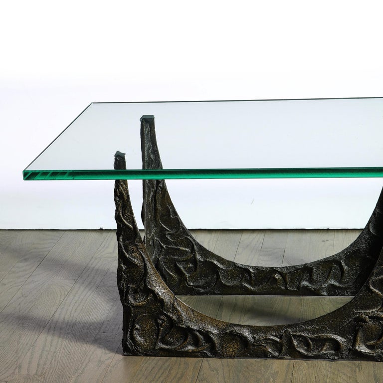 Mid-Century Modern Paul Evans Signed & Dated Rectangular Sculpted Bronze and Glass Cocktail Table For Sale