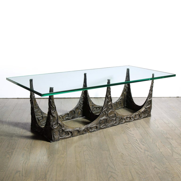 Paul Evans Signed & Dated Rectangular Sculpted Bronze and Glass Cocktail Table In Excellent Condition For Sale In New York, NY