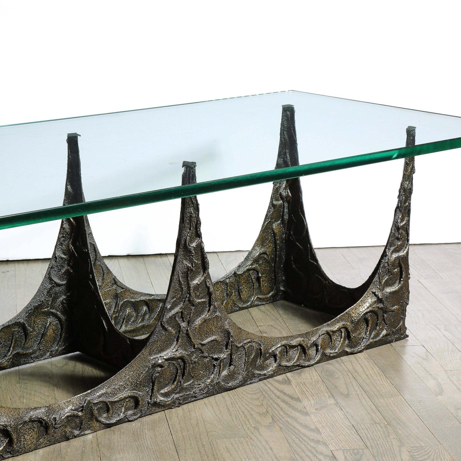 Late 20th Century Paul Evans Signed & Dated Rectangular Sculpted Bronze and Glass Cocktail Table For Sale