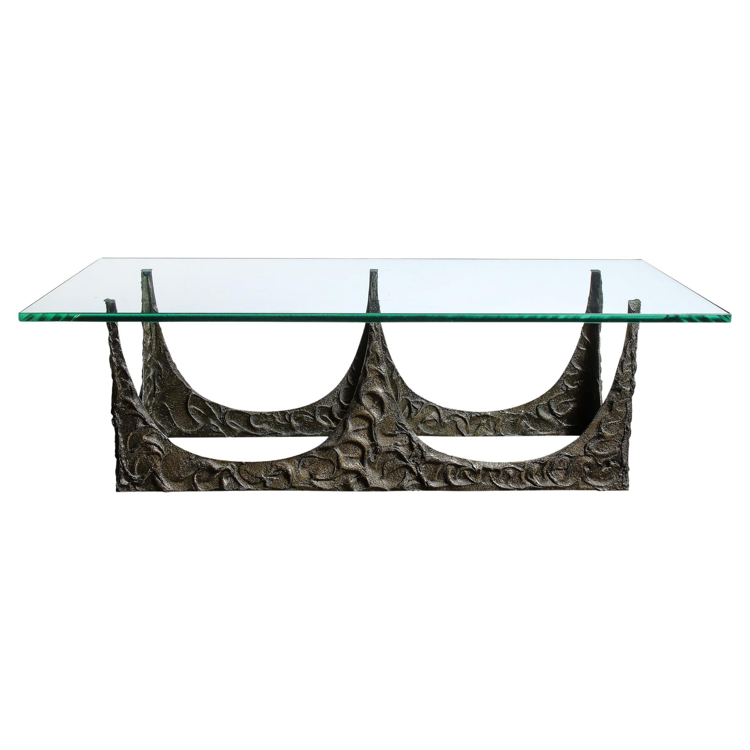Paul Evans Signed & Dated Rectangular Sculpted Bronze and Glass Cocktail Table