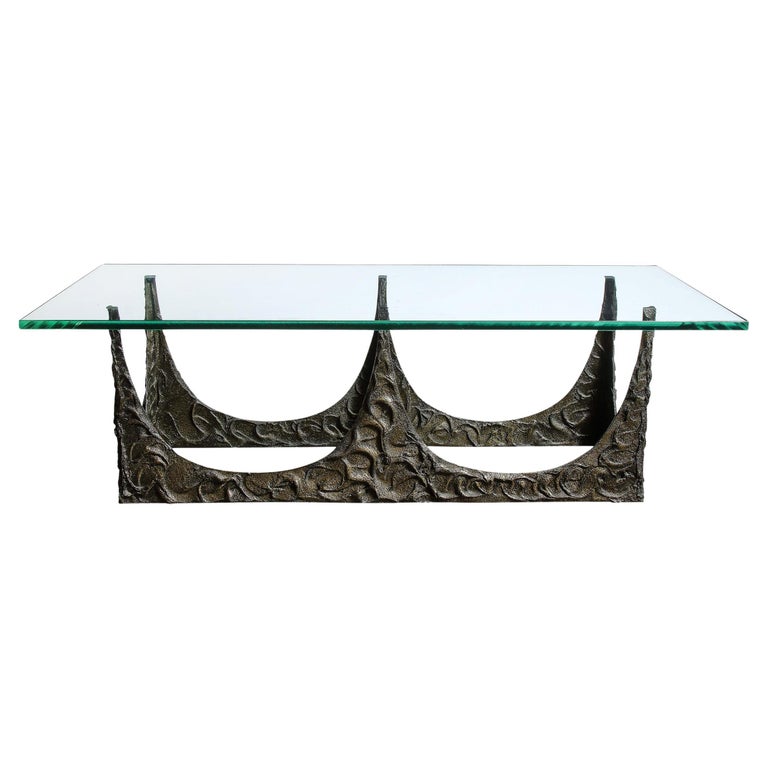 Paul Evans Signed & Dated Rectangular Sculpted Bronze and Glass Cocktail Table For Sale