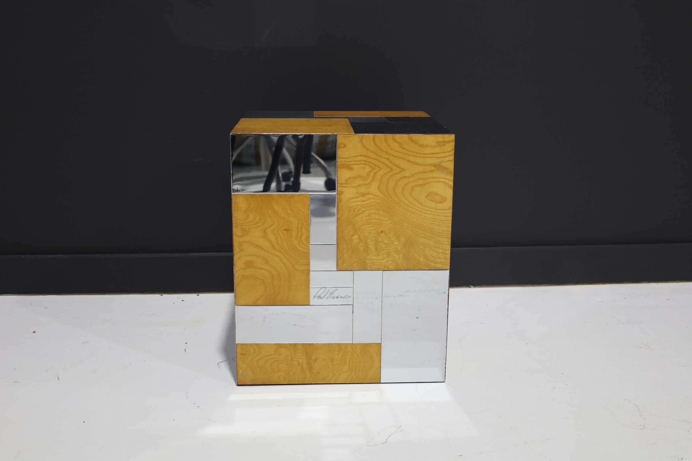Beautiful Paul Evans signed Cityscape side table in burl wood and chrome.